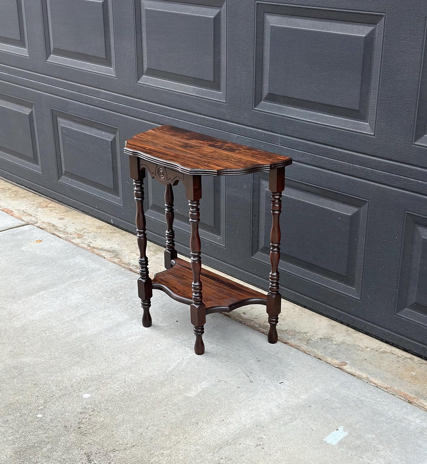 Antique Early 1900's Solid Wood Half Moon Spindle Leg Two Tier Cherry Wall Table