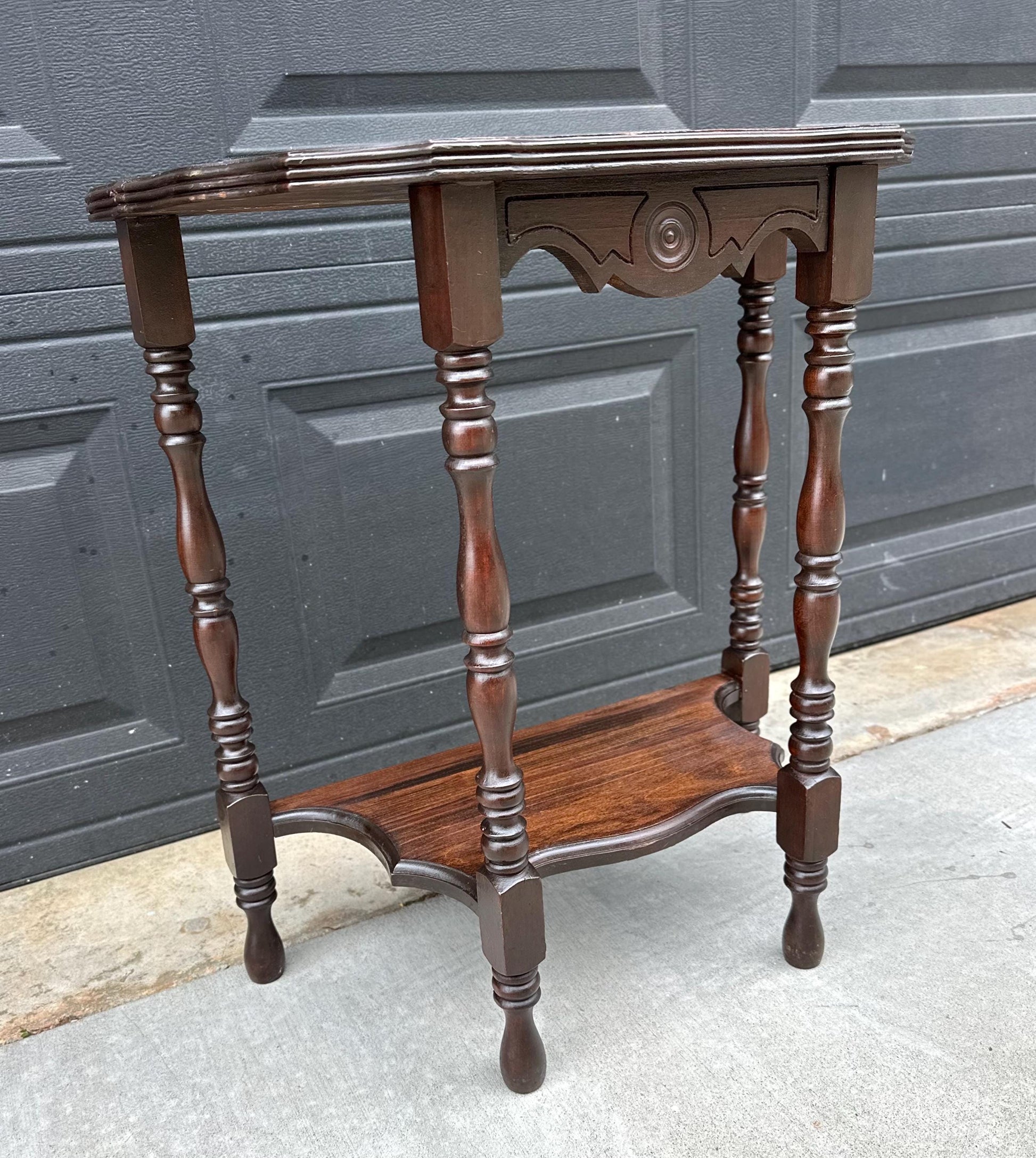 Antique Early 1900's Solid Wood Half Moon Spindle Leg Two Tier Cherry Wall Table
