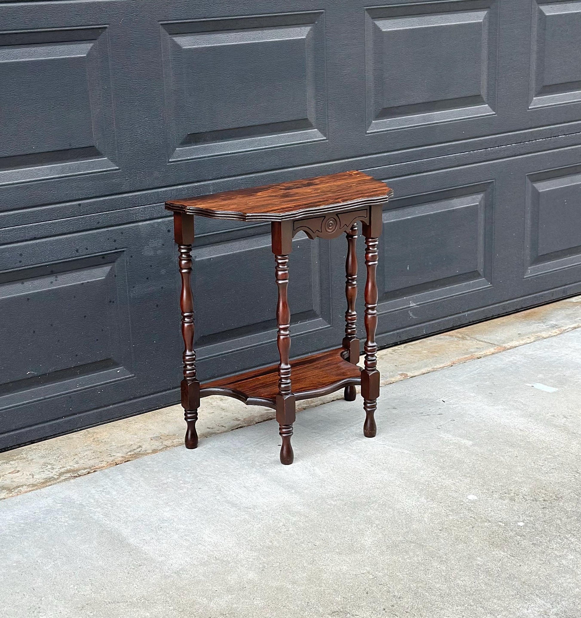 Antique Early 1900's Solid Wood Half Moon Spindle Leg Two Tier Cherry Wall Table