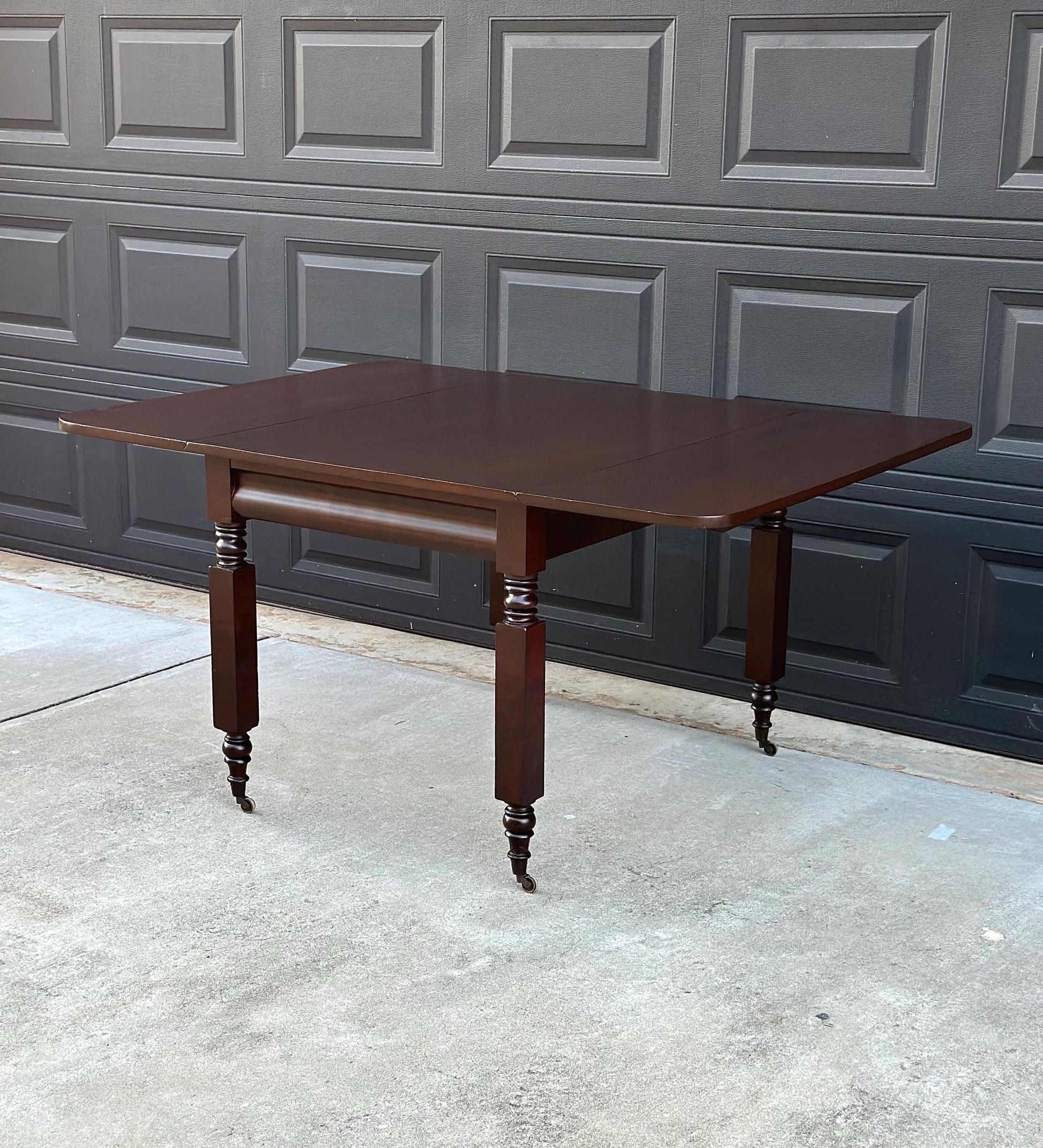 Antique Mid 1800's Mahogany Empire Spindle Leg Drop Leaf Solid Wood Dining Table on Castors