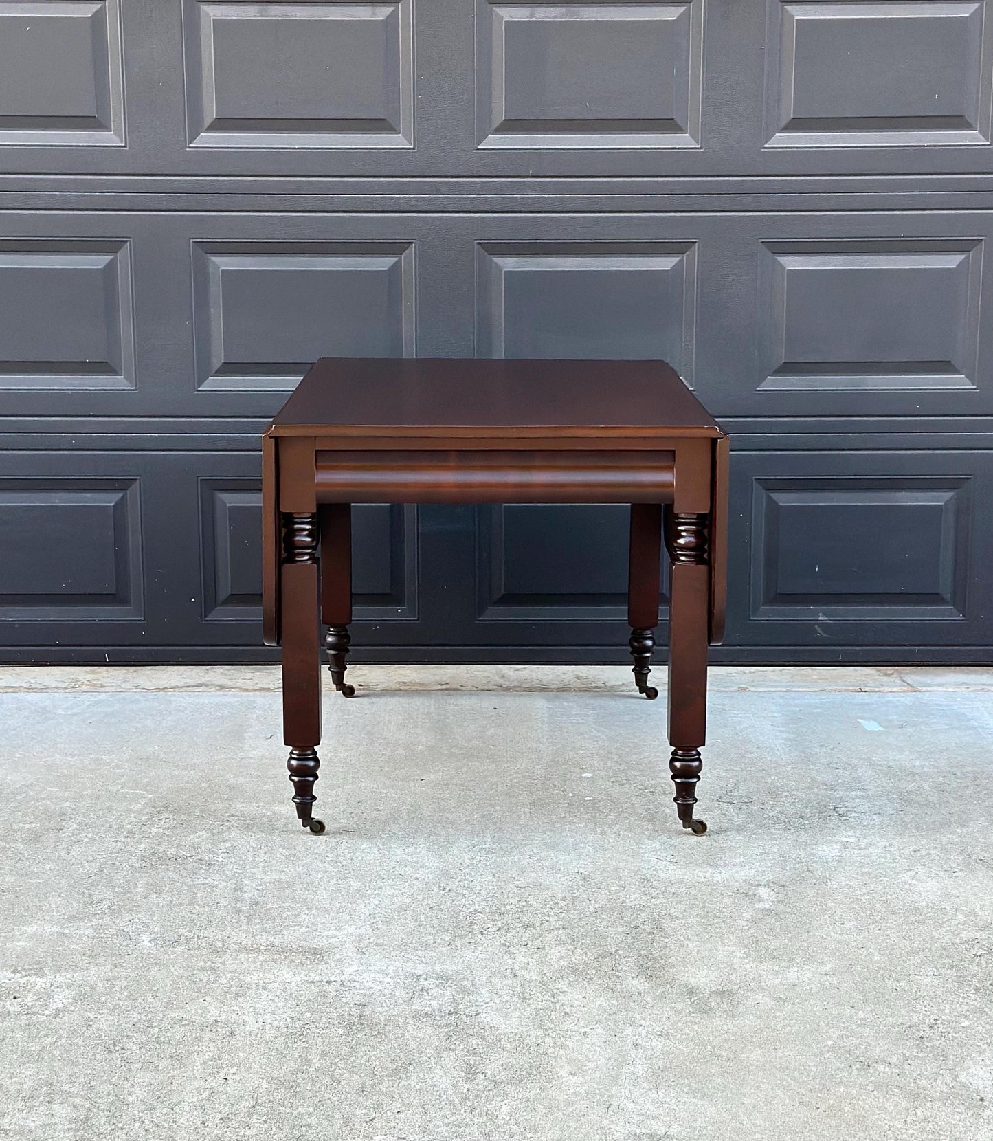 Antique Mid 1800's Mahogany Empire Spindle Leg Drop Leaf Solid Wood Dining Table on Castors