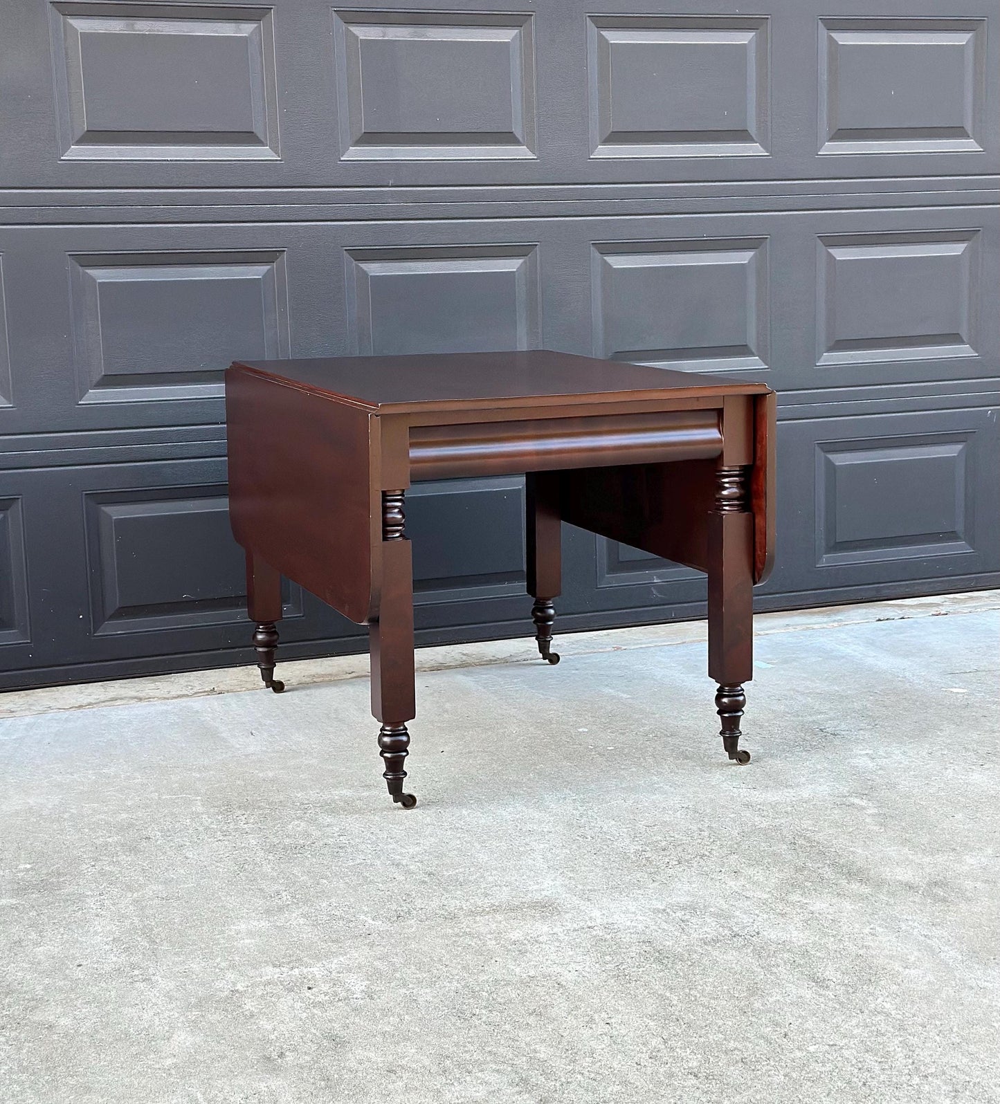 Antique Mid 1800's Mahogany Empire Spindle Leg Drop Leaf Solid Wood Dining Table on Castors