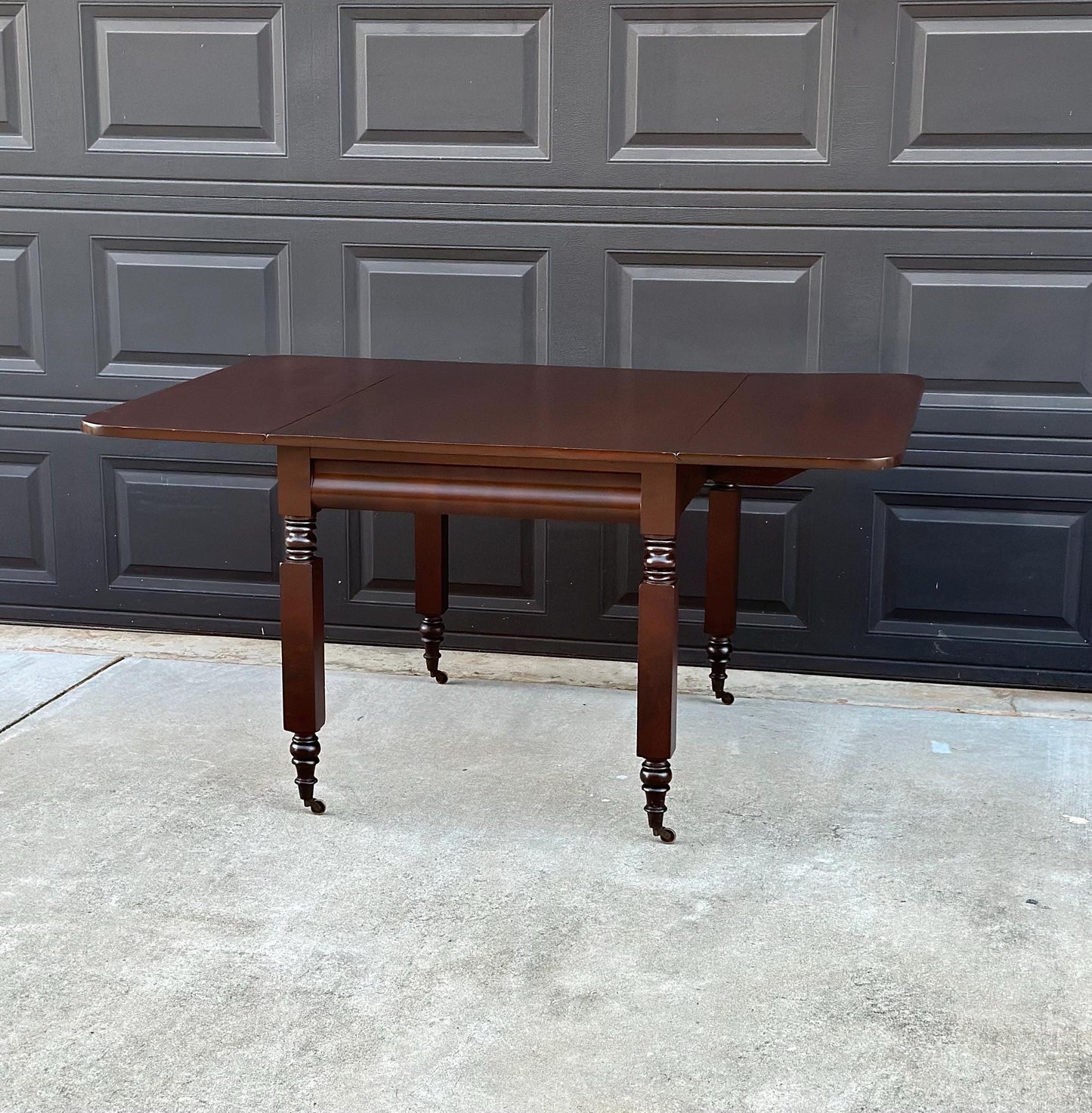 Antique Mid 1800's Mahogany Empire Spindle Leg Drop Leaf Solid Wood Dining Table on Castors