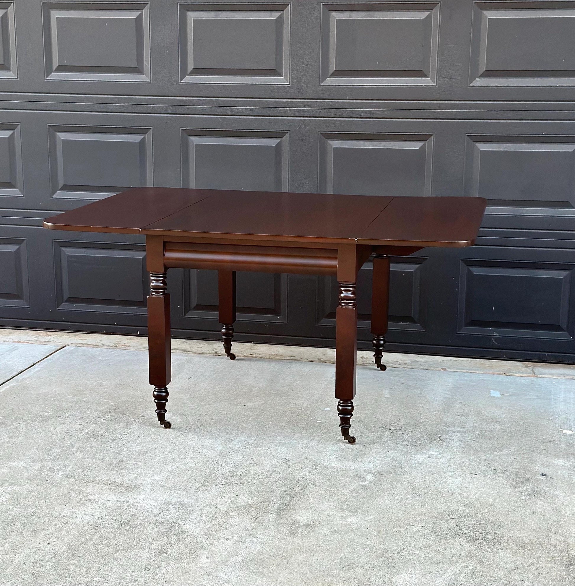 Antique Mid 1800's Mahogany Empire Spindle Leg Drop Leaf Solid Wood Dining Table on Castors