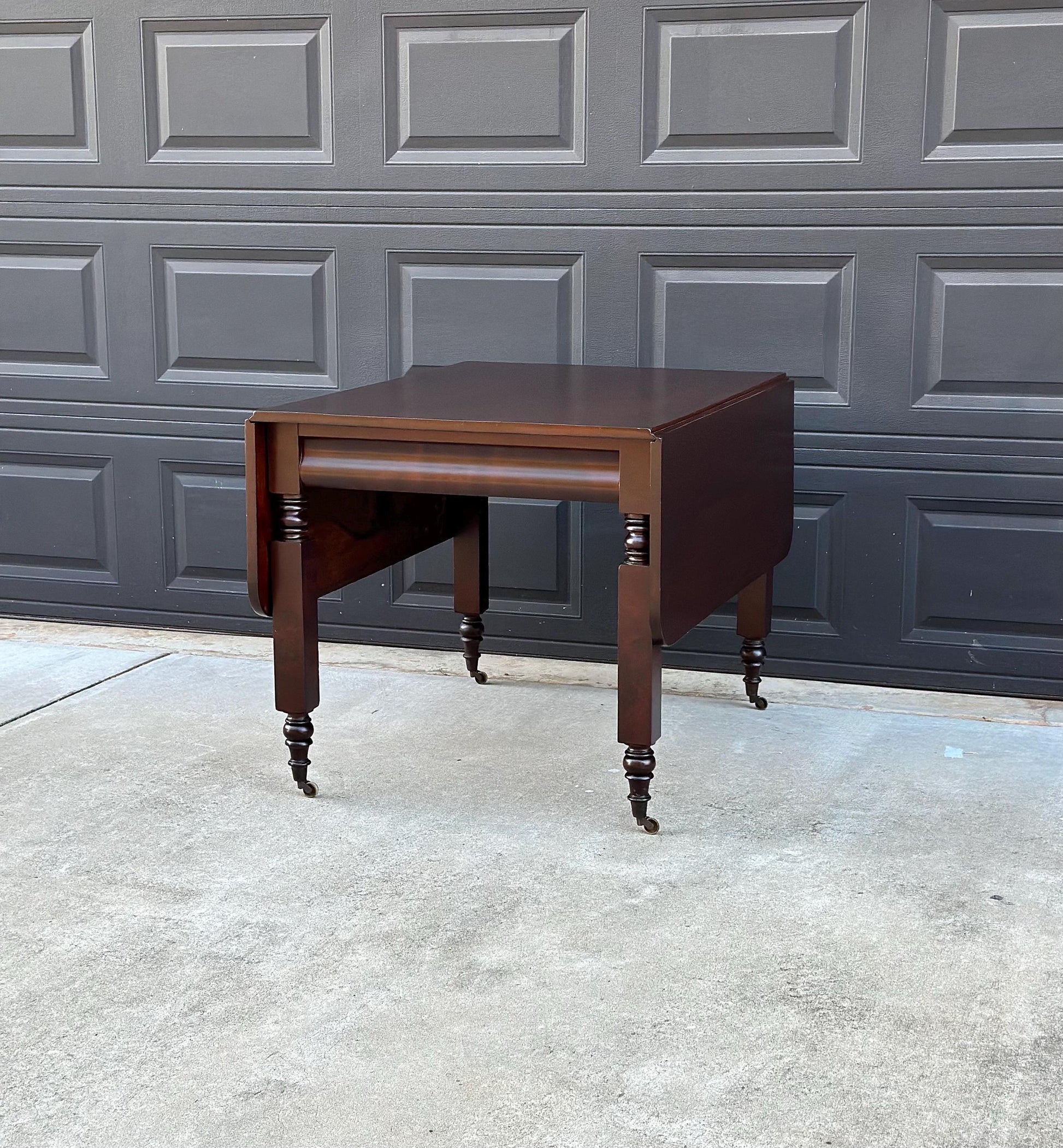 Antique Mid 1800's Mahogany Empire Spindle Leg Drop Leaf Solid Wood Dining Table on Castors