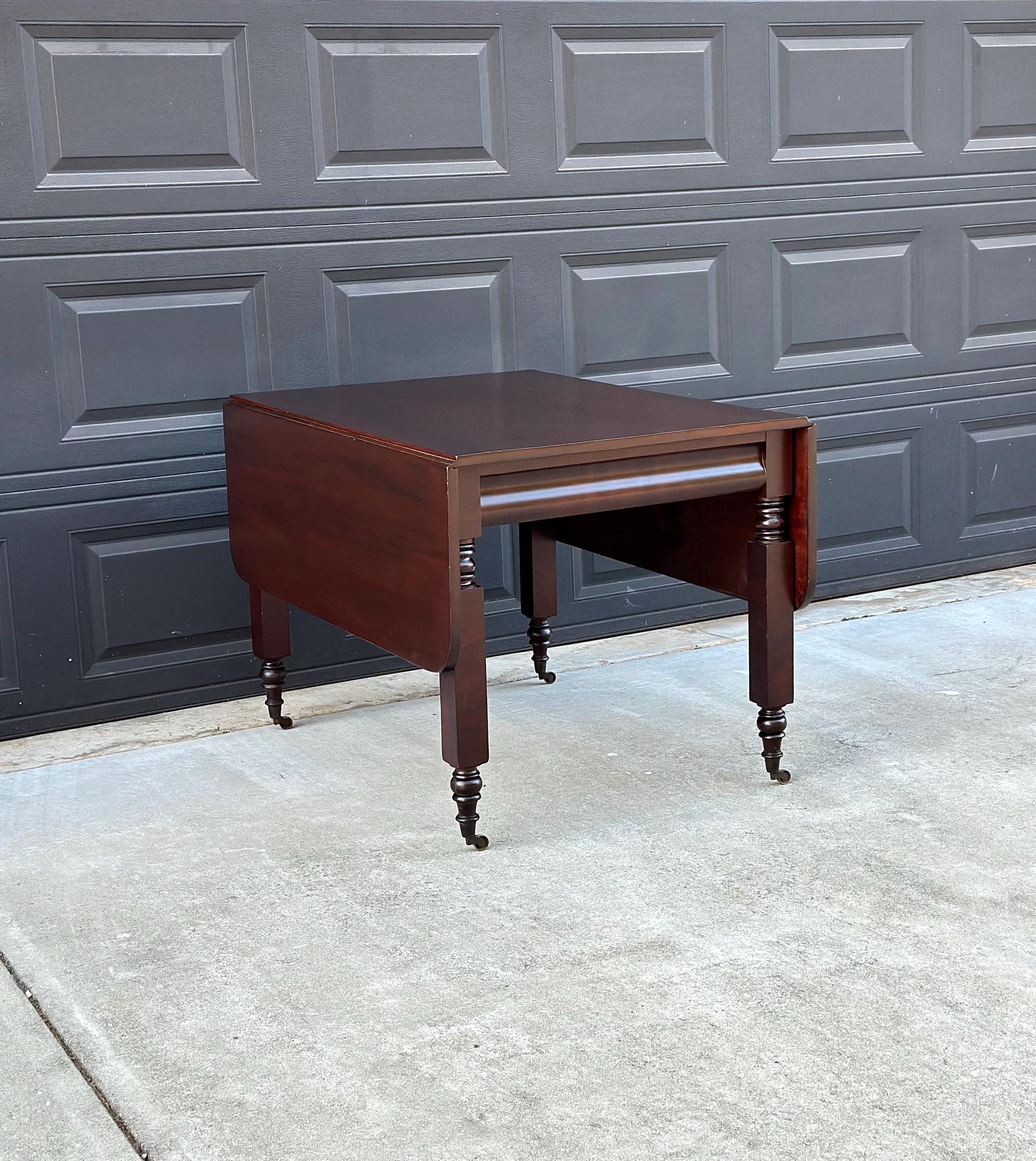 Antique Mid 1800's Mahogany Empire Spindle Leg Drop Leaf Solid Wood Dining Table on Castors