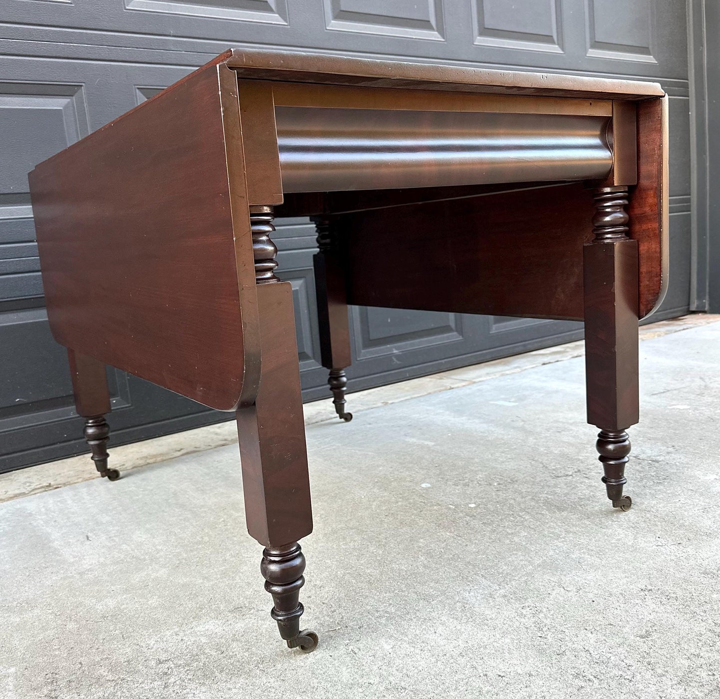 Antique Mid 1800's Mahogany Empire Spindle Leg Drop Leaf Solid Wood Dining Table on Castors