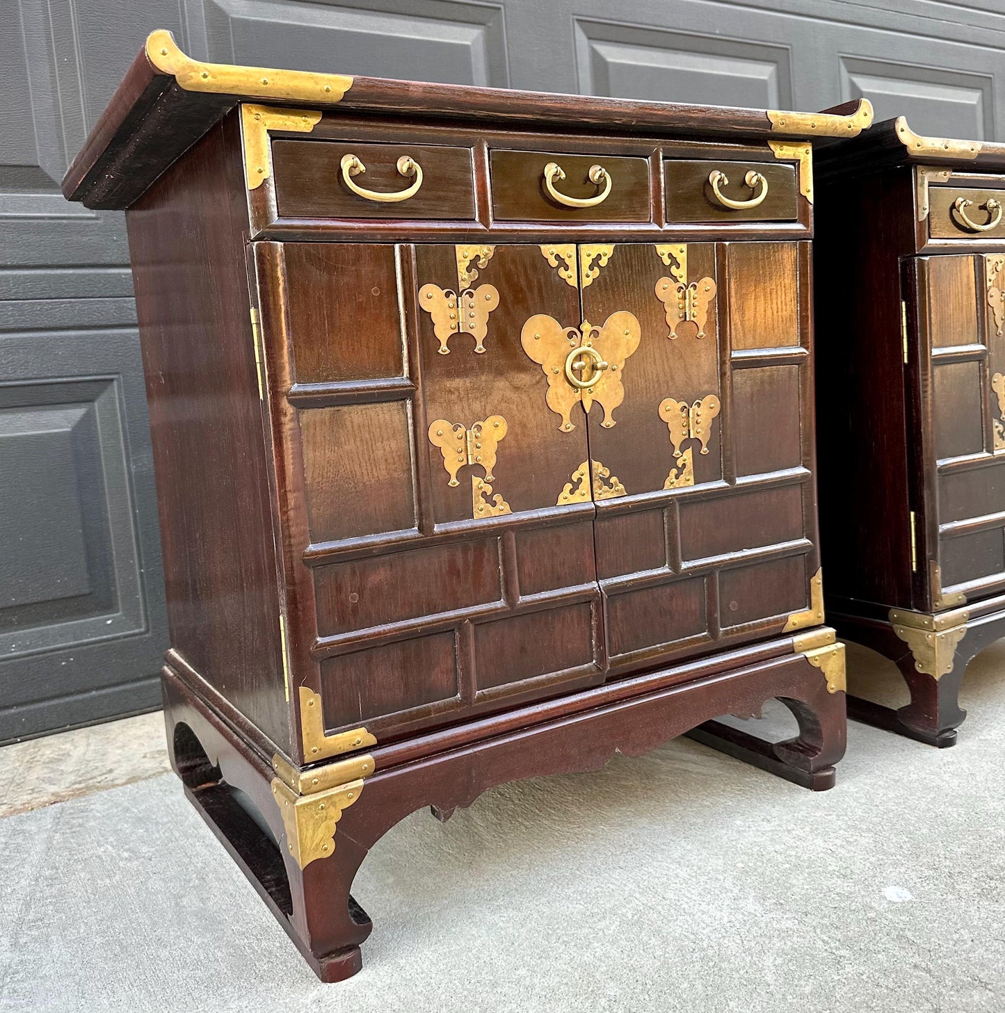 Vintage Mid 1900's Solid Wood & Brass Oriental Chest Side Cabinet Table Set - a Pair