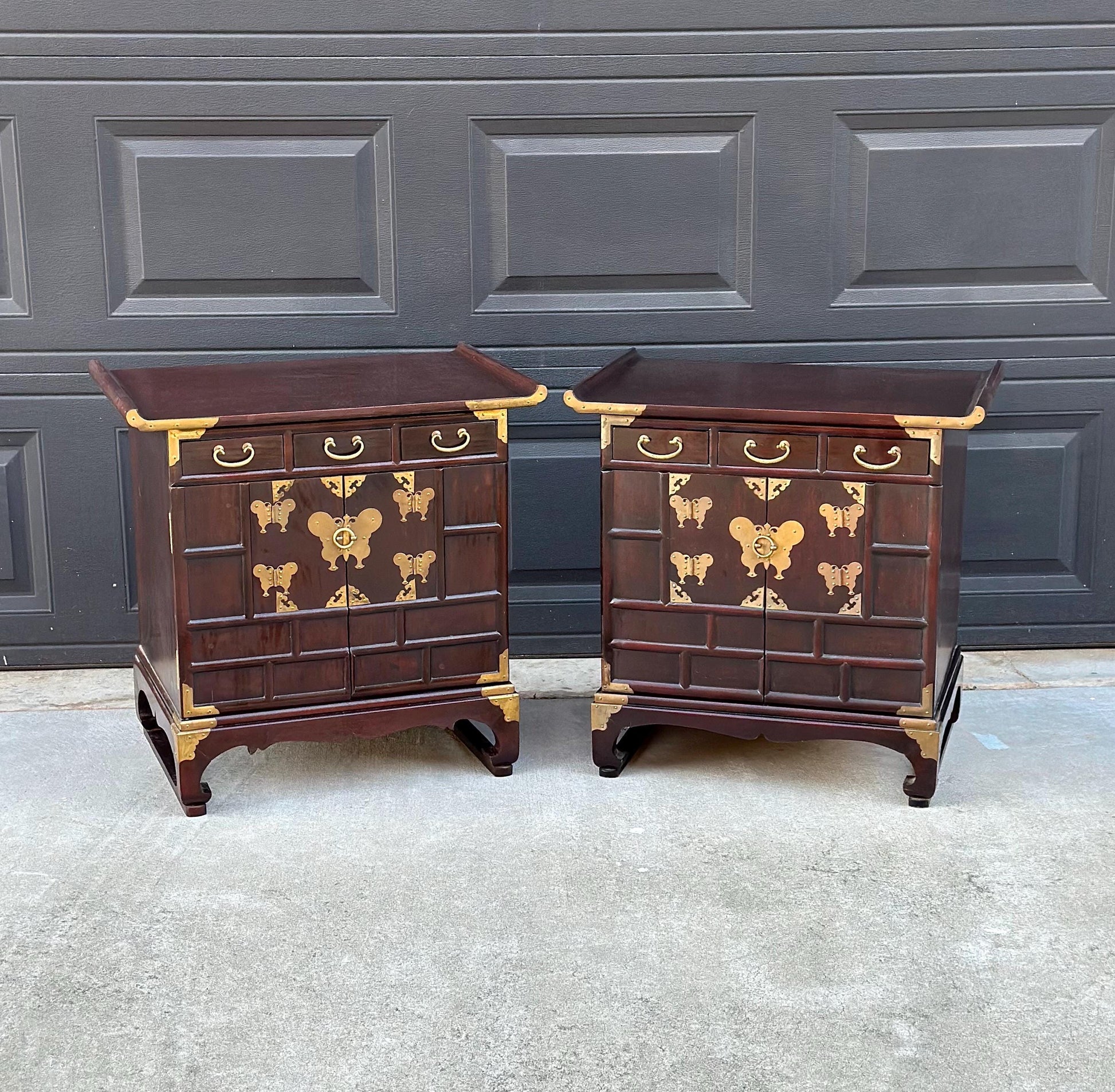Vintage Mid 1900's Solid Wood & Brass Oriental Chest Side Cabinet Table Set - a Pair