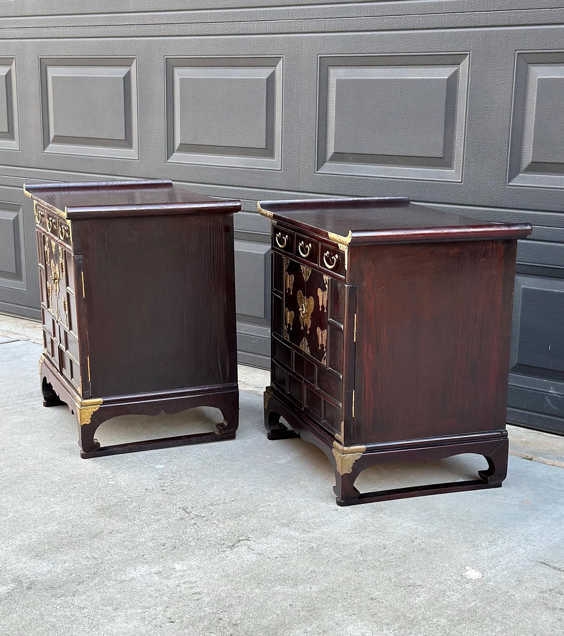 Vintage Mid 1900's Solid Wood & Brass Oriental Chest Side Cabinet Table Set - a Pair