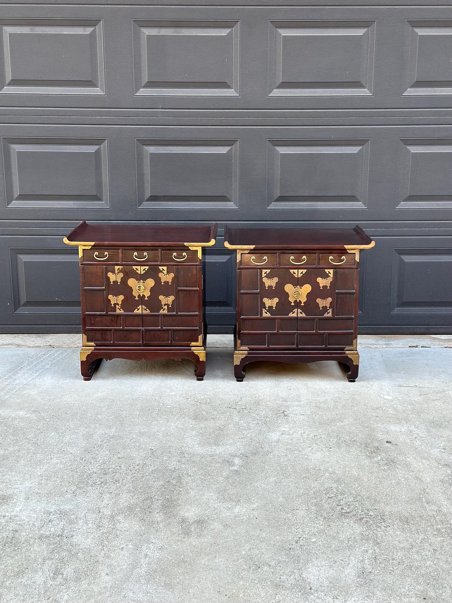 Vintage Mid 1900's Solid Wood & Brass Oriental Chest Side Cabinet Table Set - a Pair