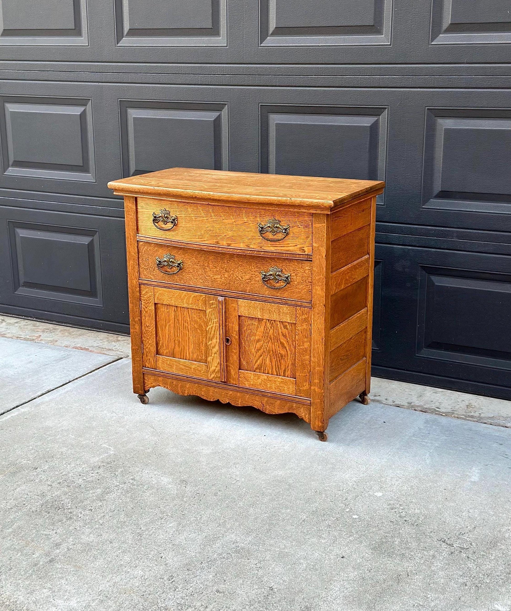 Antique Early 1900's Solid Tiger Oak Accent Storage Arts & Crafts Chest Drawers on Casters