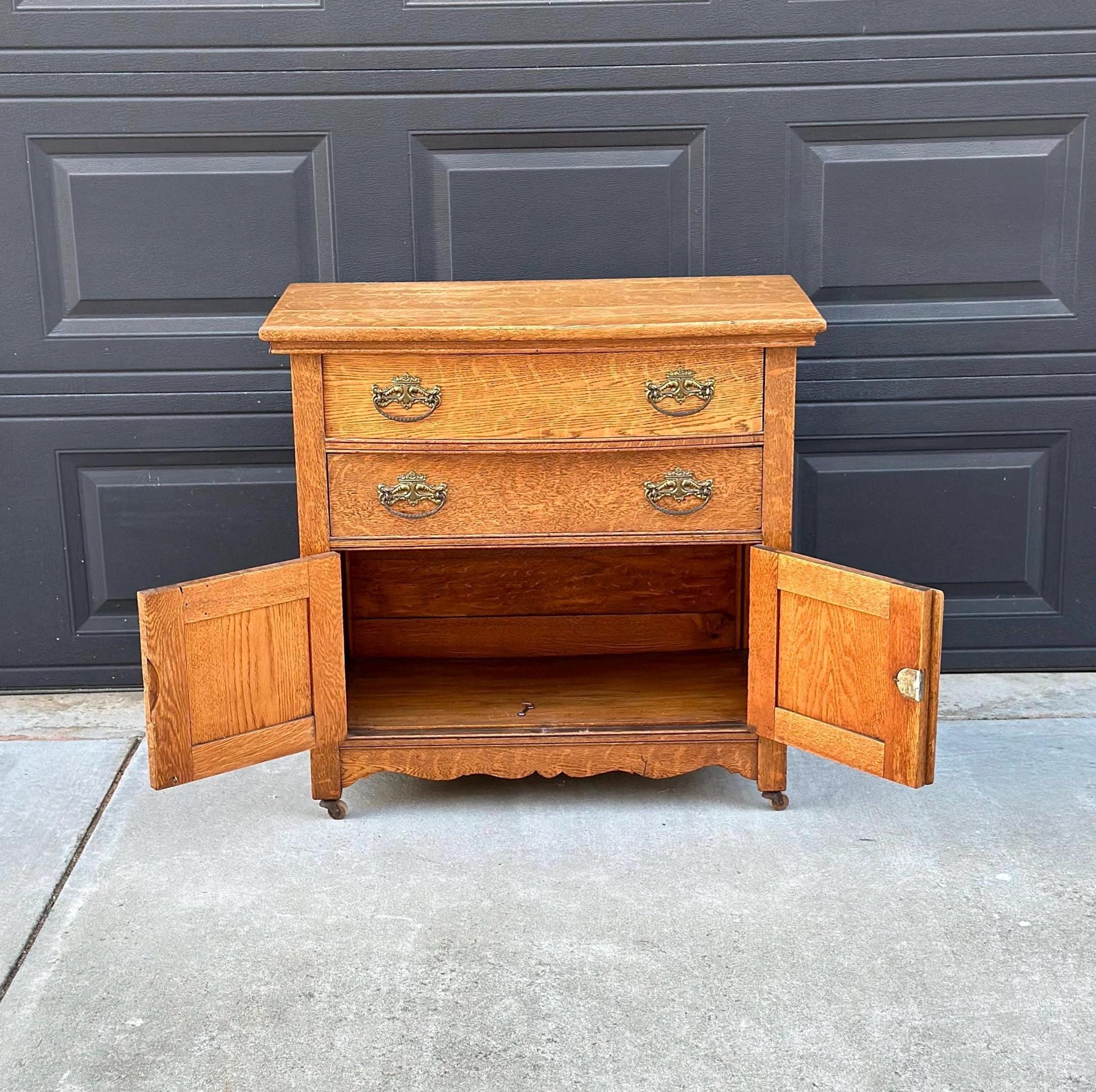 Antique Early 1900's Solid Tiger Oak Accent Storage Arts & Crafts Chest Drawers on Casters
