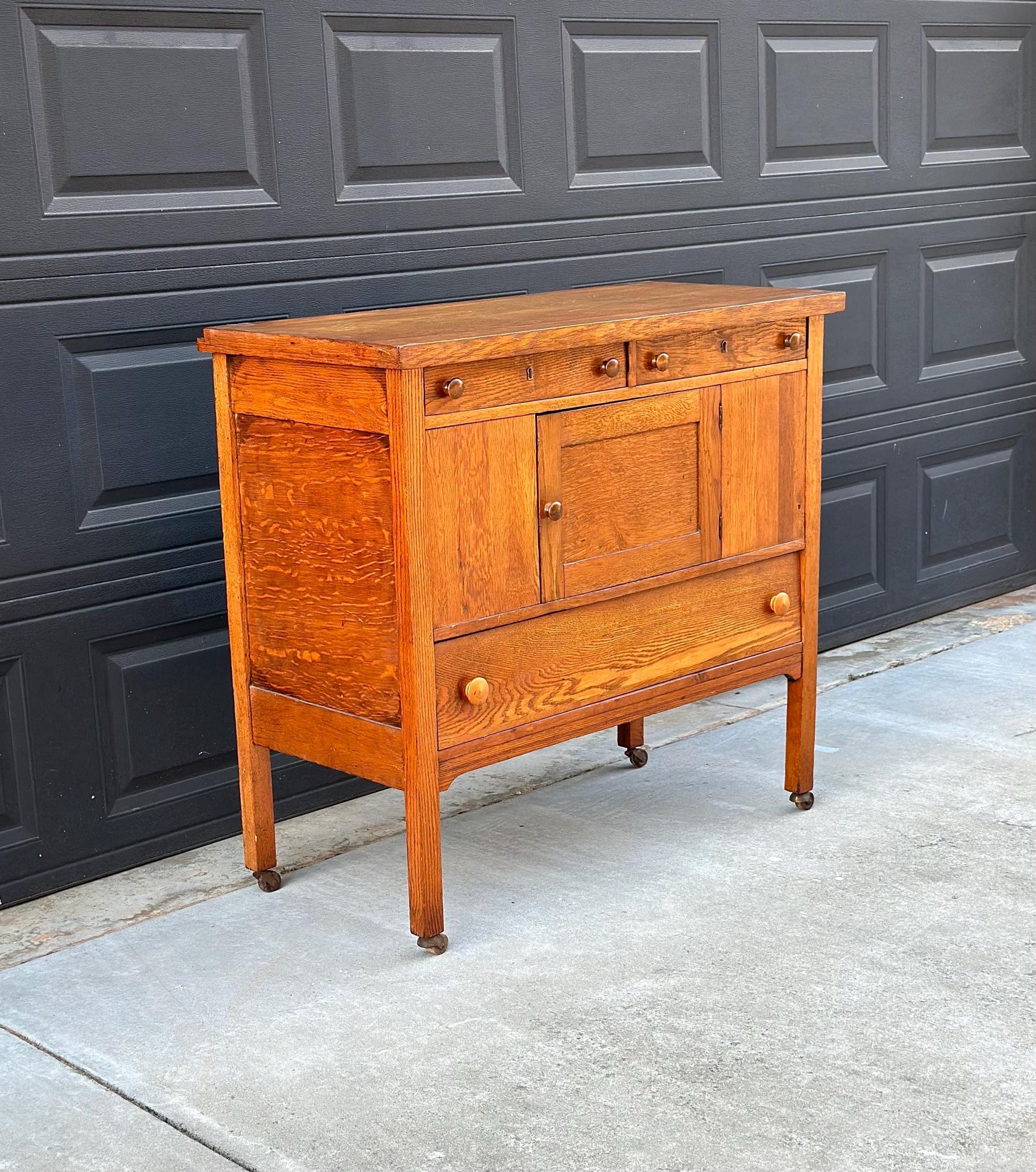 Antique Early 1900's Solid Oak Large Edwardian Chest & Cabinet on Casters