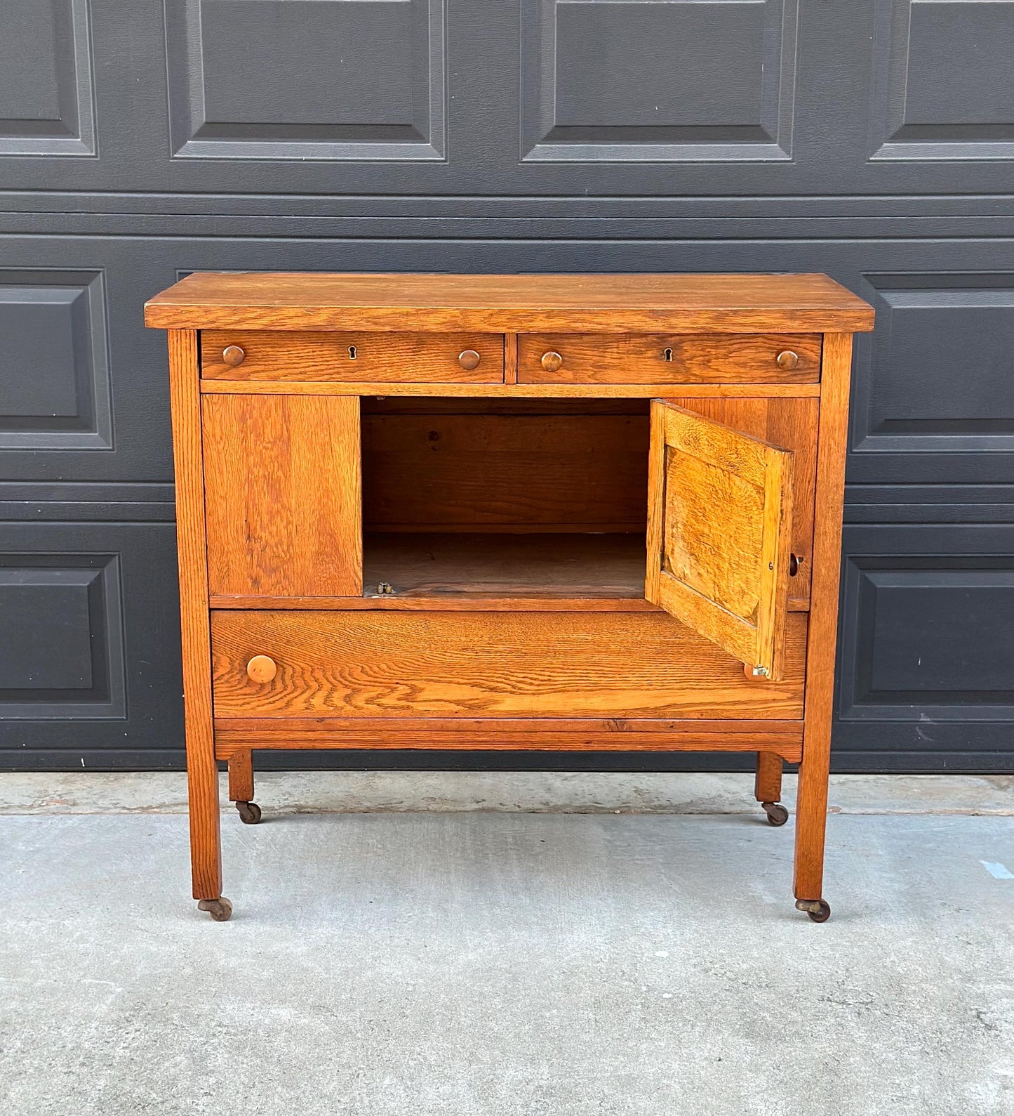 Antique Early 1900's Solid Oak Large Edwardian Chest & Cabinet on Casters