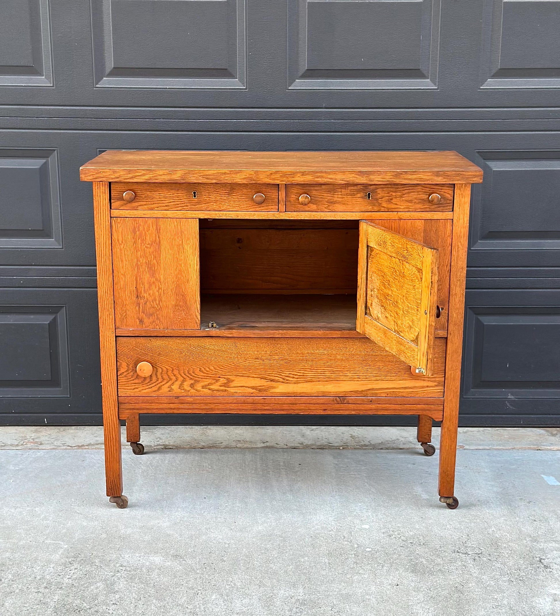 Antique Early 1900's Solid Oak Large Edwardian Chest & Cabinet on Casters