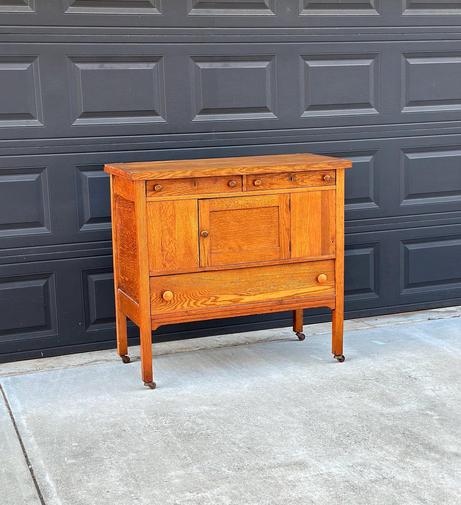 Antique Early 1900's Solid Oak Large Edwardian Chest & Cabinet on Casters