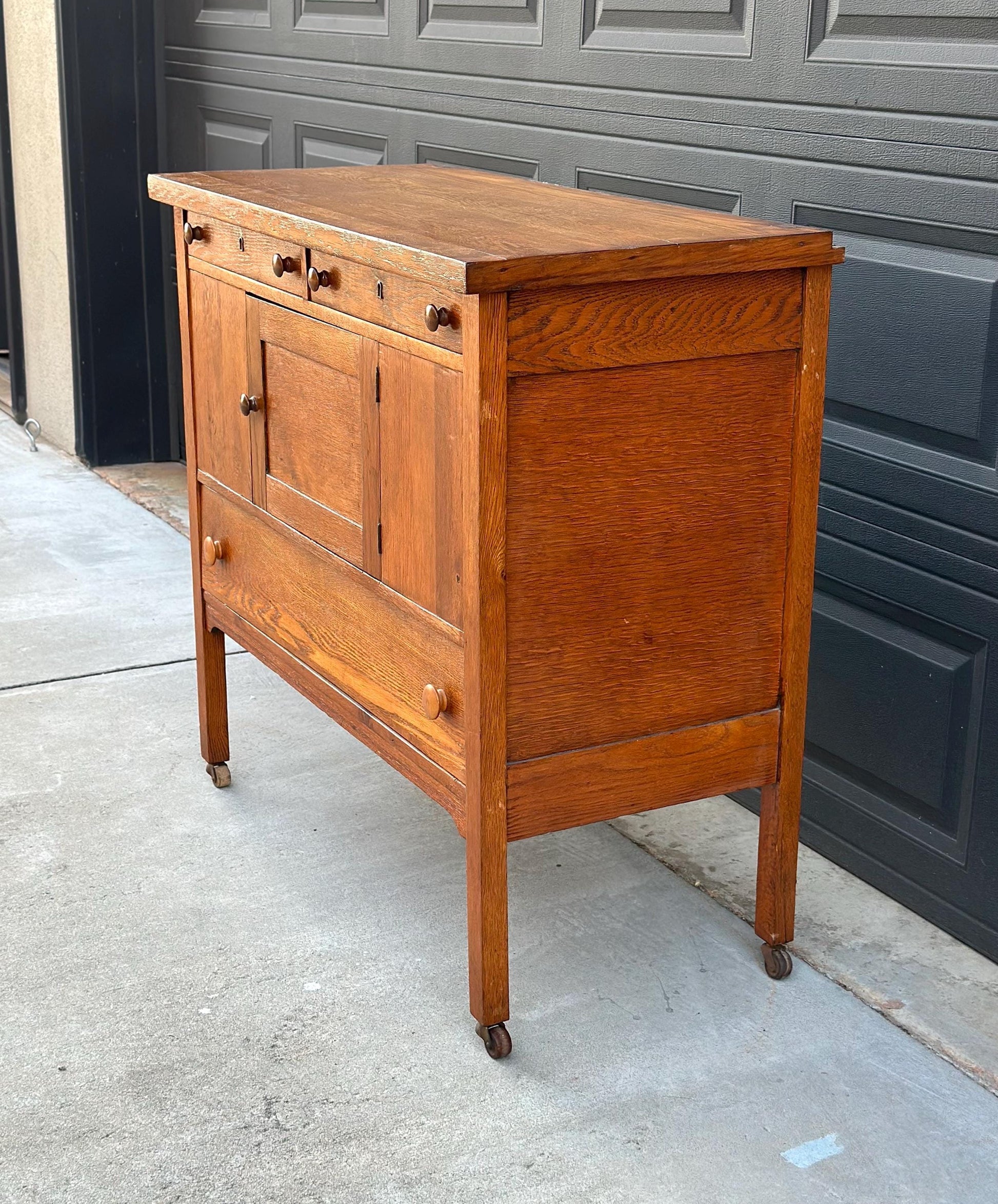 Antique Early 1900's Solid Oak Large Edwardian Chest & Cabinet on Casters
