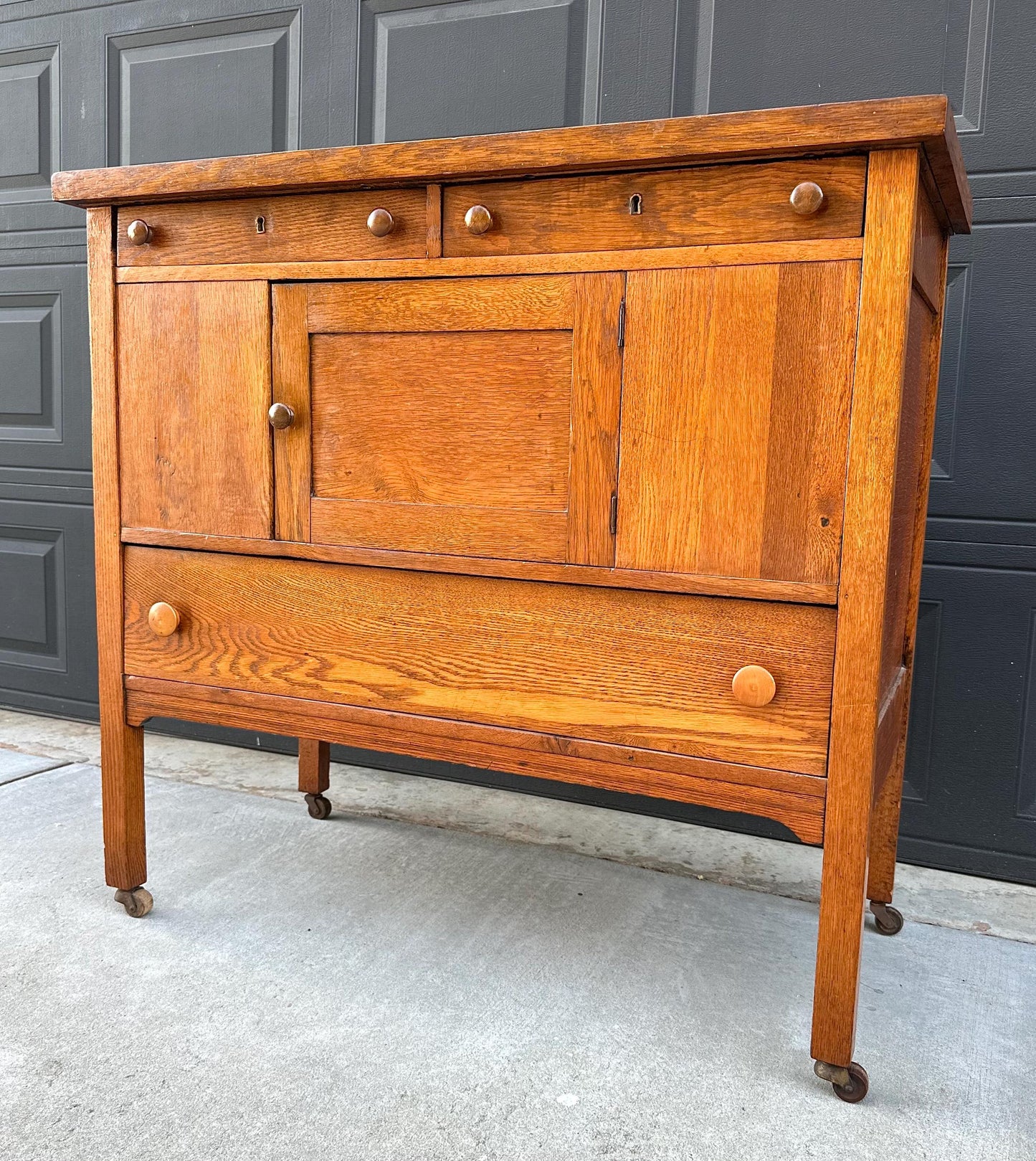 Antique Early 1900's Solid Oak Large Edwardian Chest & Cabinet on Casters