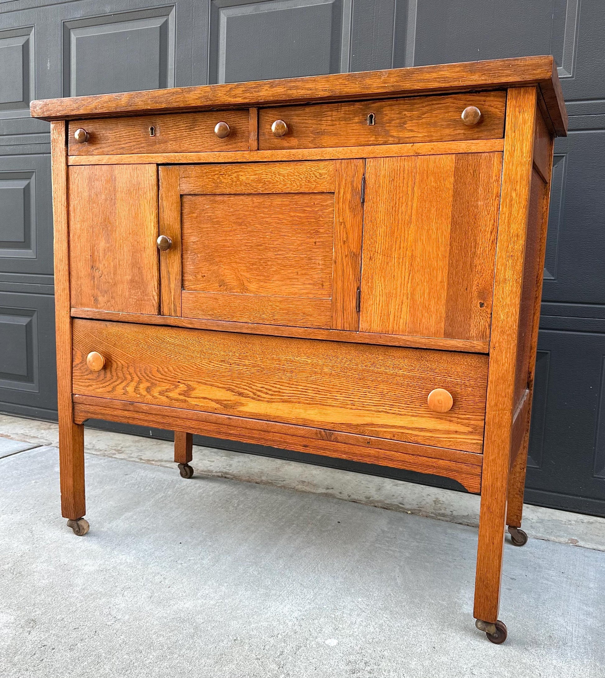 Antique Early 1900's Solid Oak Large Edwardian Chest & Cabinet on Casters