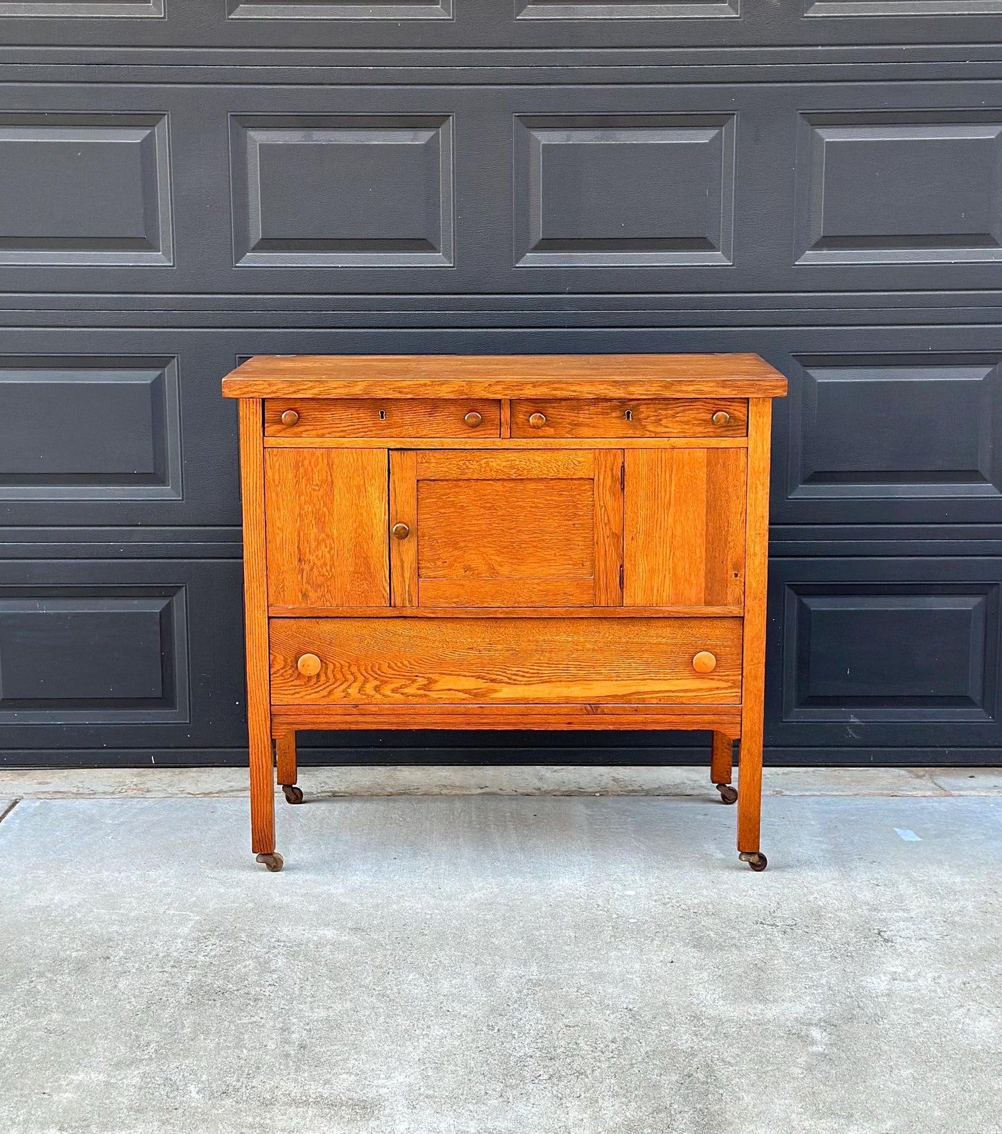 Antique Early 1900's Solid Oak Large Edwardian Chest & Cabinet on Casters