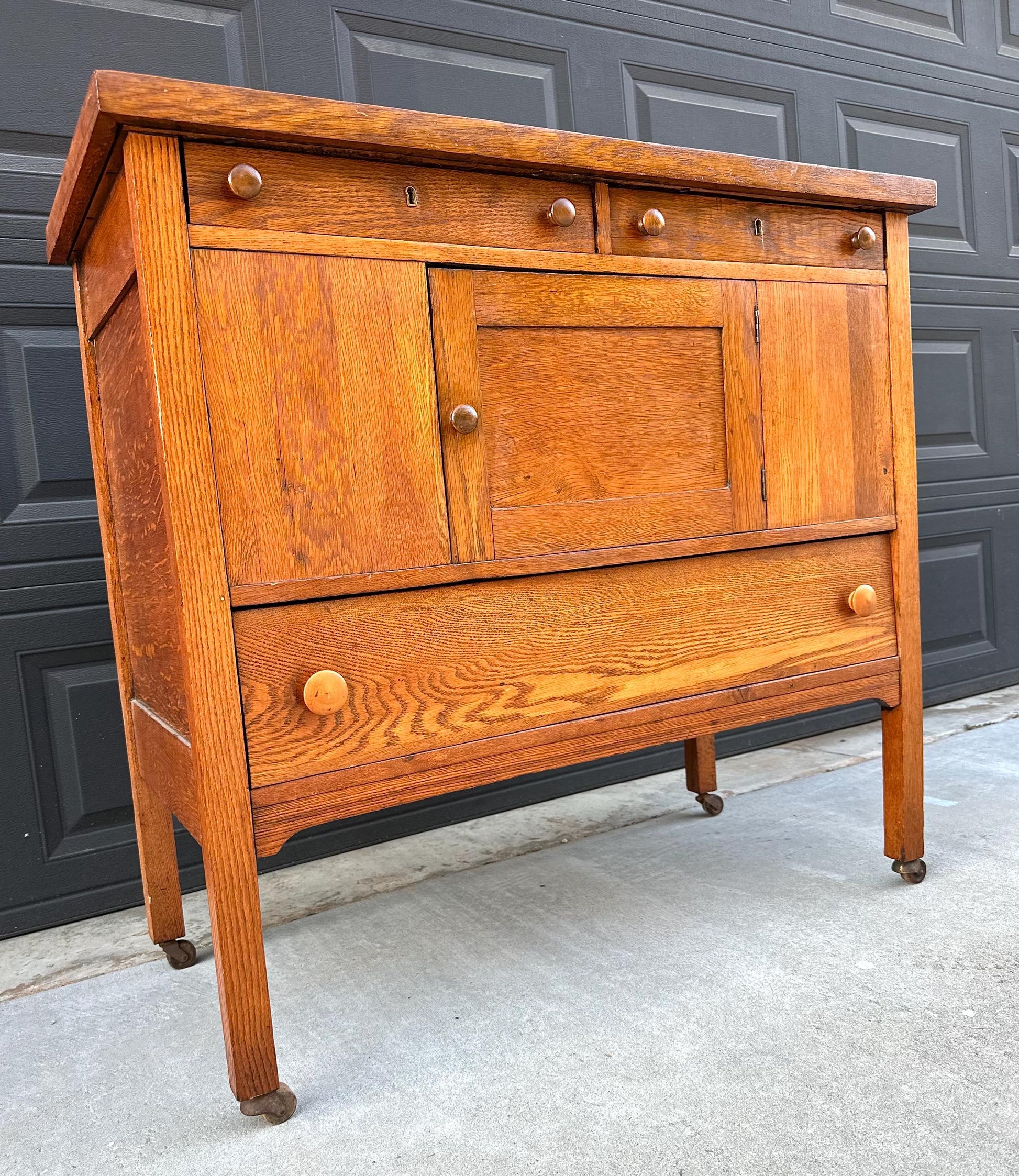 Antique Early 1900's Solid Oak Large Edwardian Chest & Cabinet on Casters