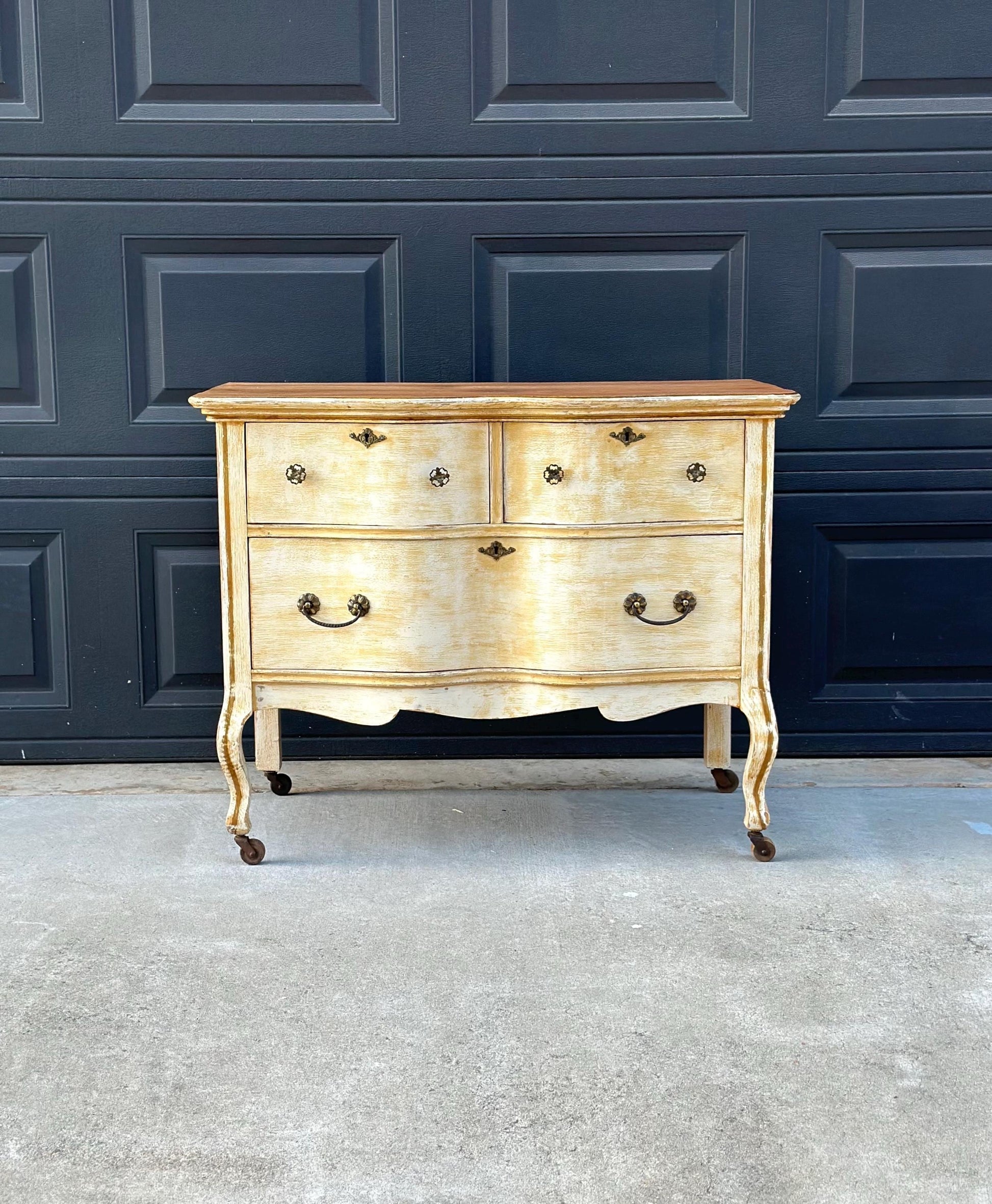 Antique Early 1900's French Solid Oak Wood Three Drawer Serpentine Front Dresser on Casters