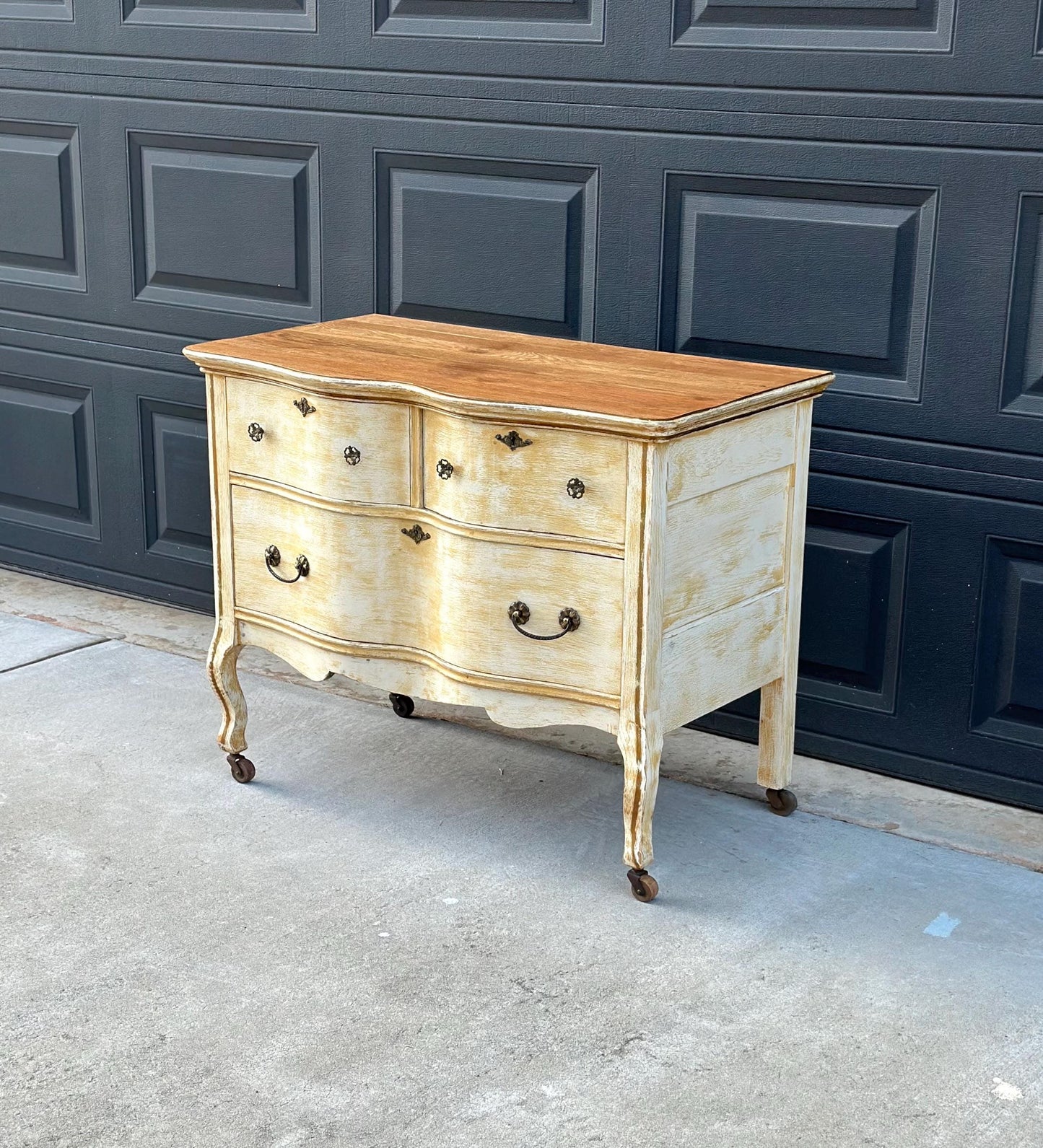 Antique Early 1900's French Solid Oak Wood Three Drawer Serpentine Front Dresser on Casters