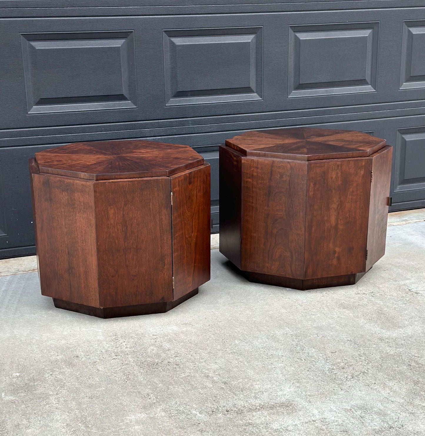 Vintage Mid 1900's Mid Mod Geometric Walnut Wood Side Tables – Pair of MCM Nightstands