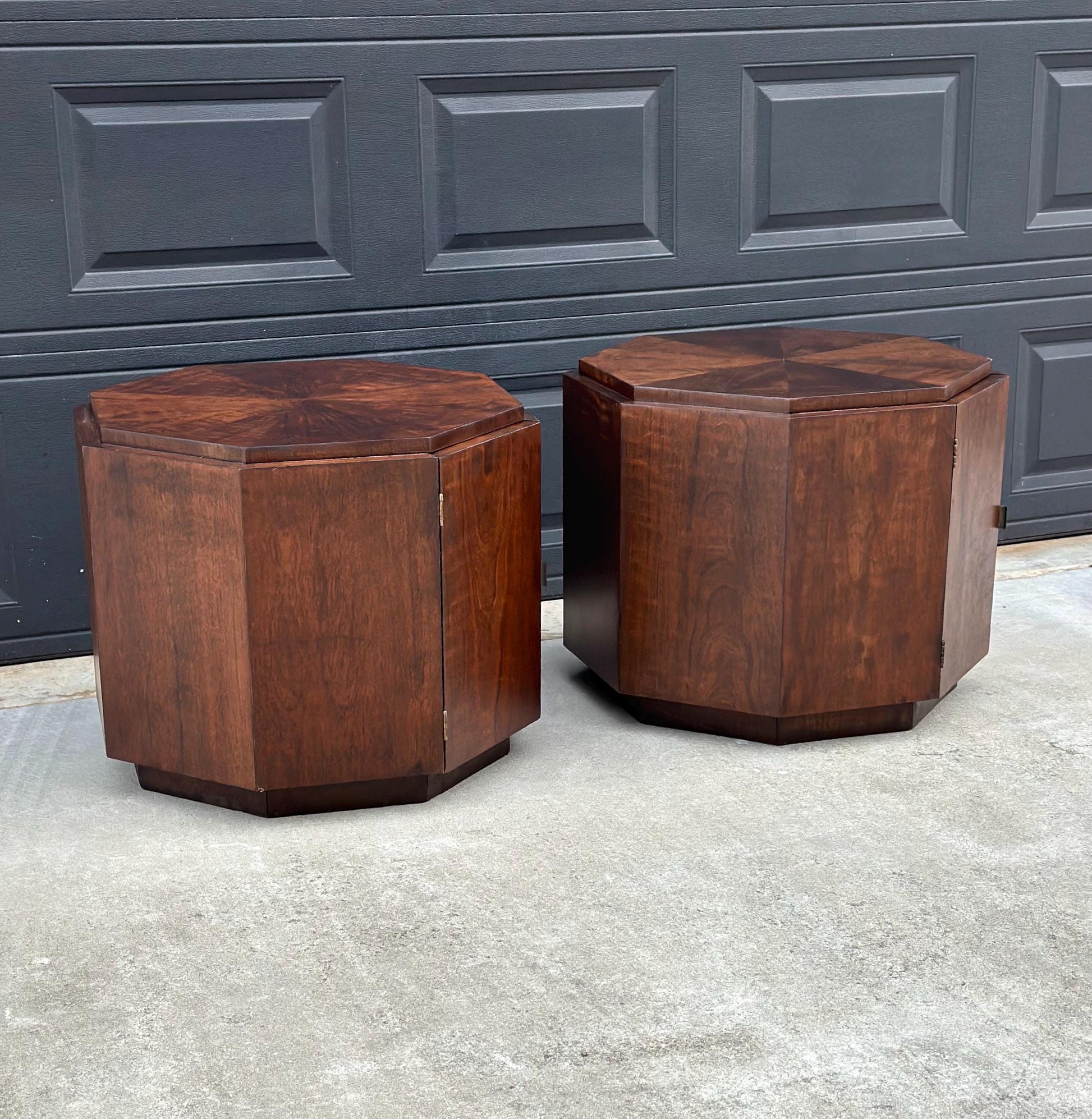 Vintage Mid 1900's Mid Mod Geometric Walnut Wood Side Tables – Pair of MCM Nightstands