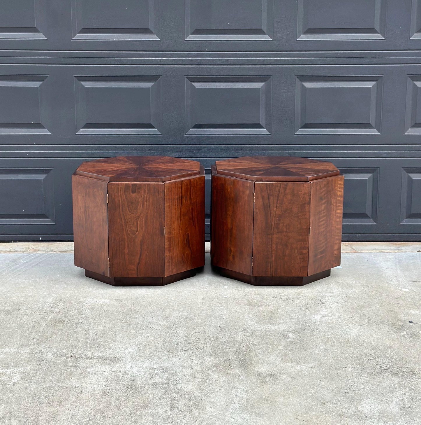 Vintage Mid 1900's Mid Mod Geometric Walnut Wood Side Tables – Pair of MCM Nightstands