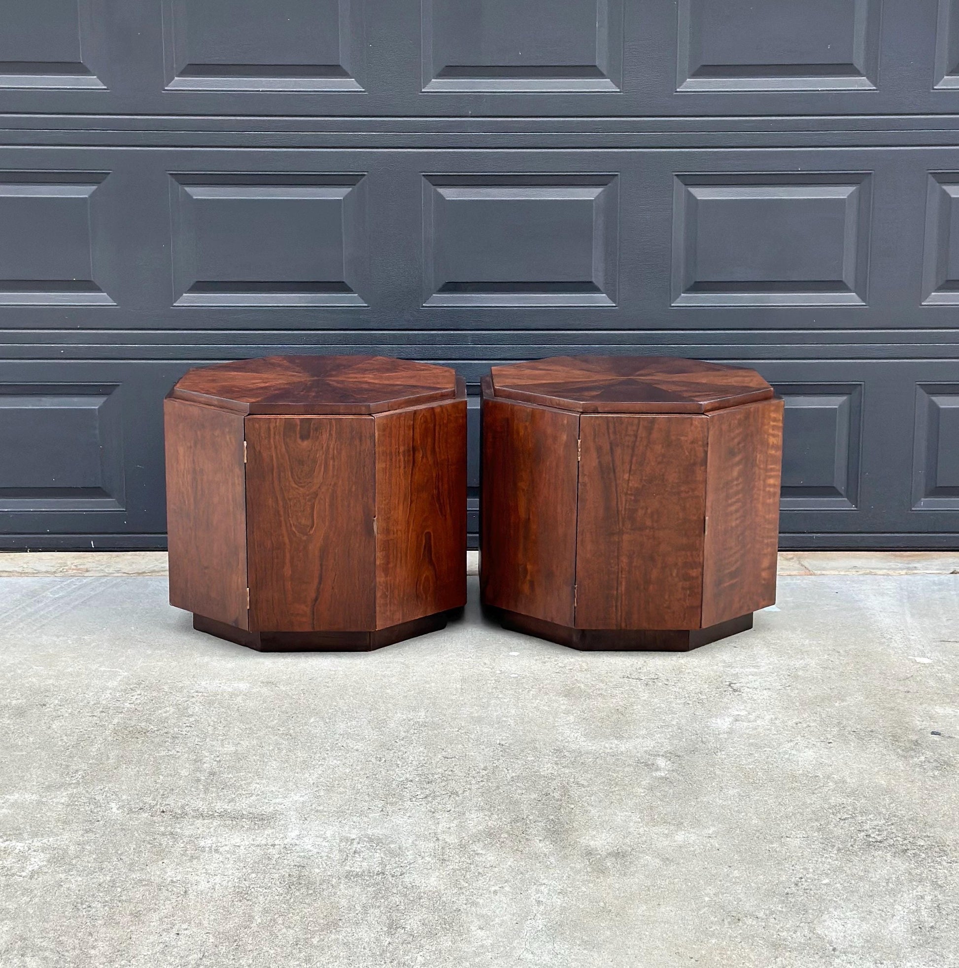Vintage Mid 1900's Mid Mod Geometric Walnut Wood Side Tables – Pair of MCM Nightstands