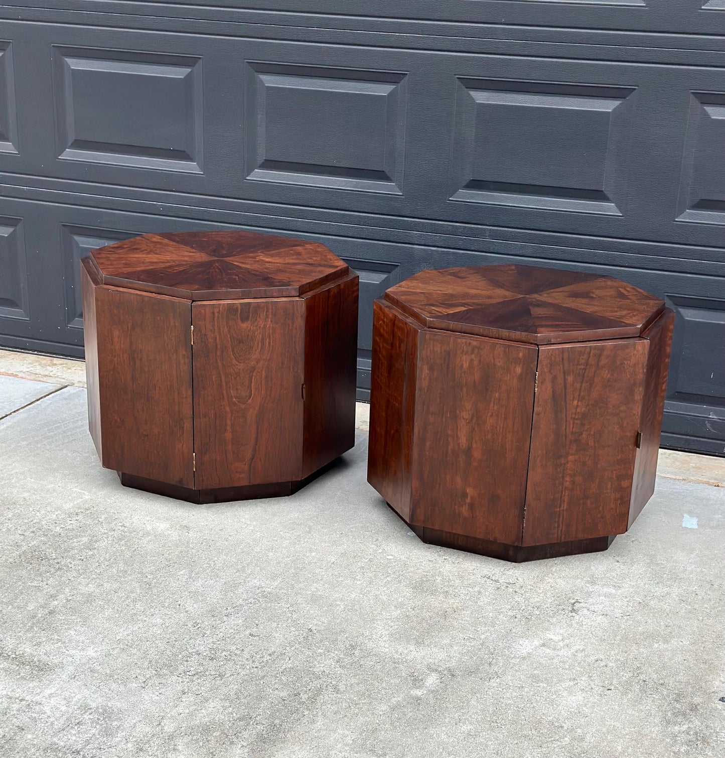 Vintage Mid 1900's Mid Mod Geometric Walnut Wood Side Tables – Pair of MCM Nightstands