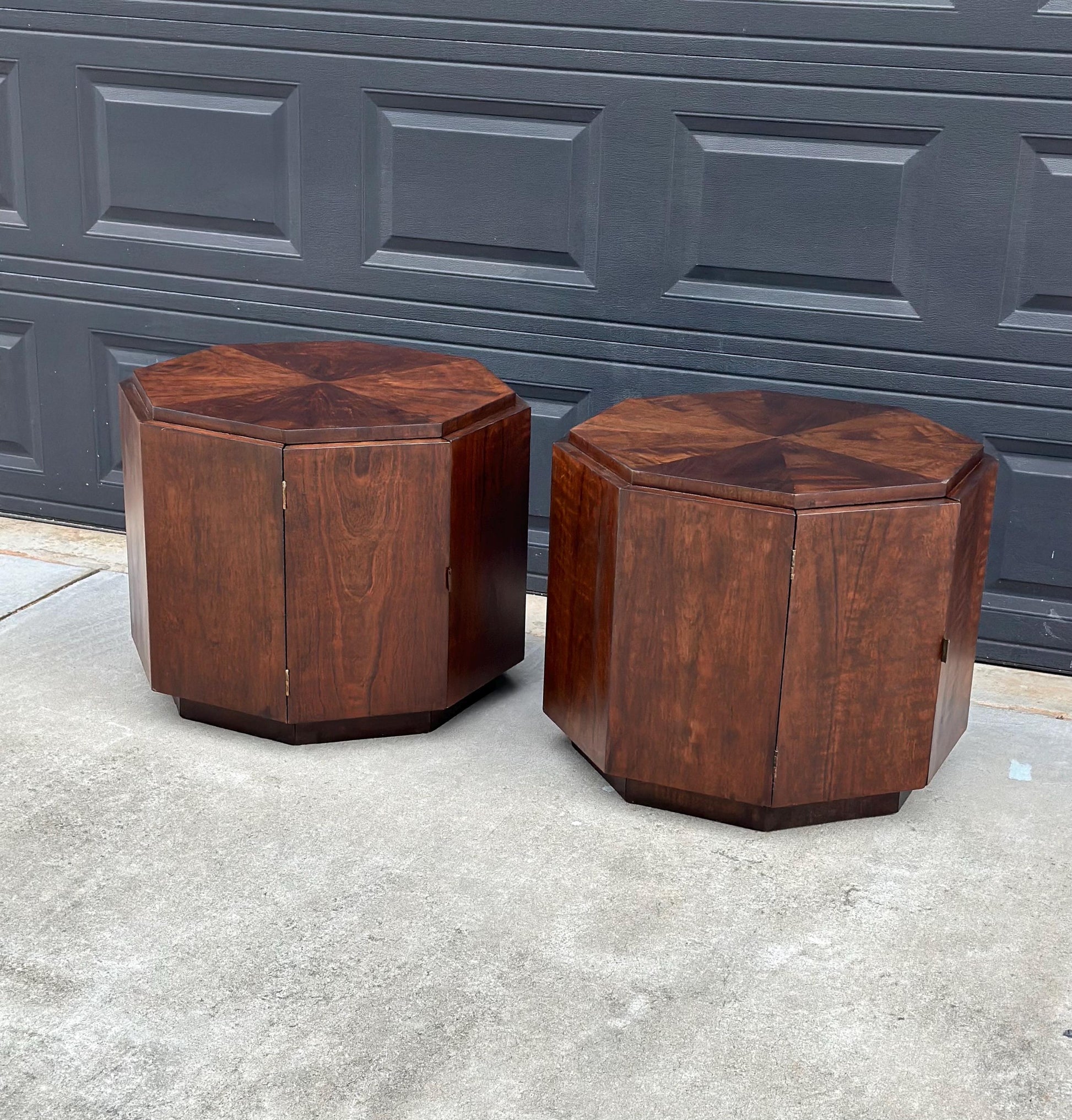 Vintage Mid 1900's Mid Mod Geometric Walnut Wood Side Tables – Pair of MCM Nightstands