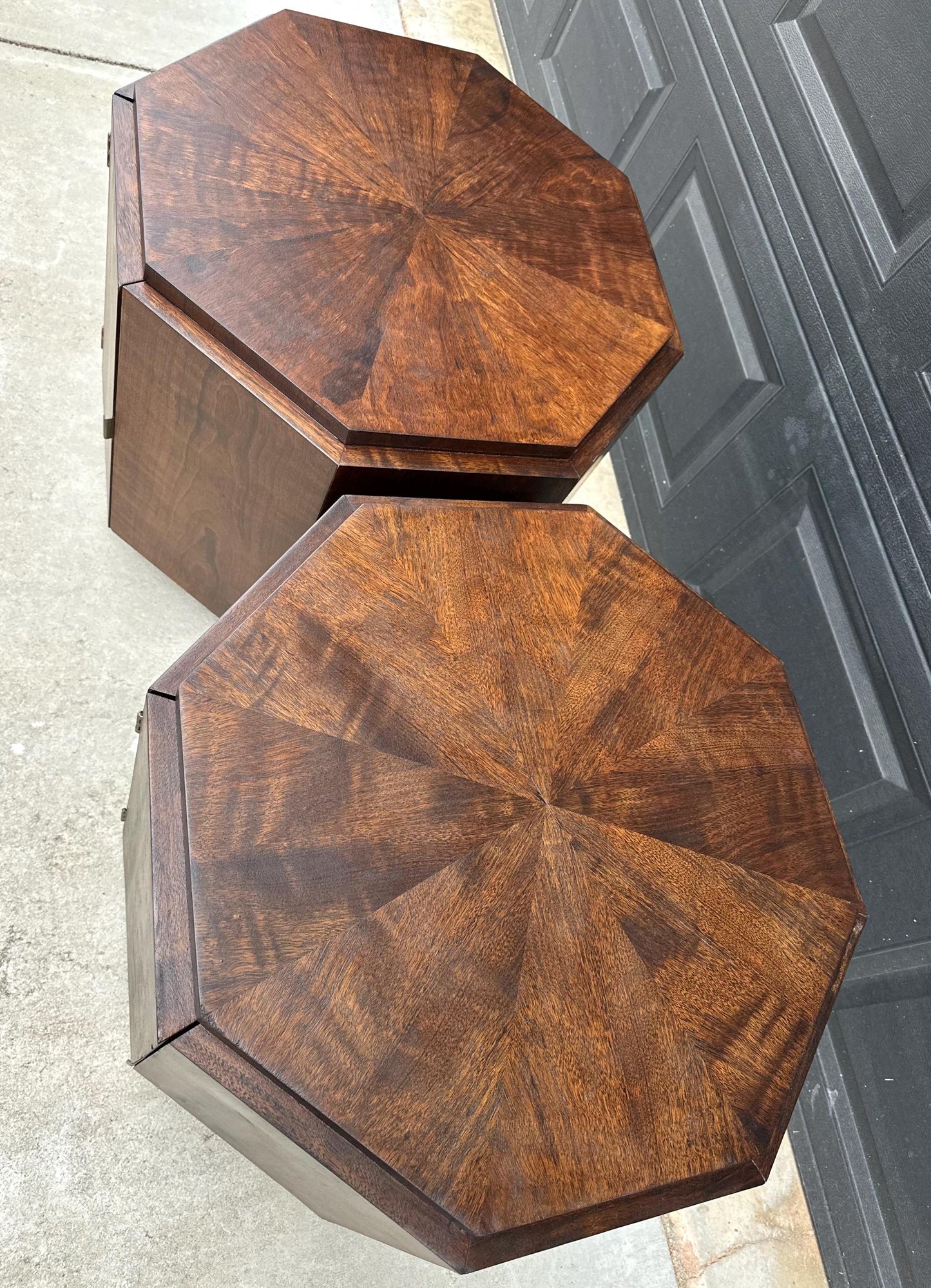 Vintage Mid 1900's Mid Mod Geometric Walnut Wood Side Tables – Pair of MCM Nightstands