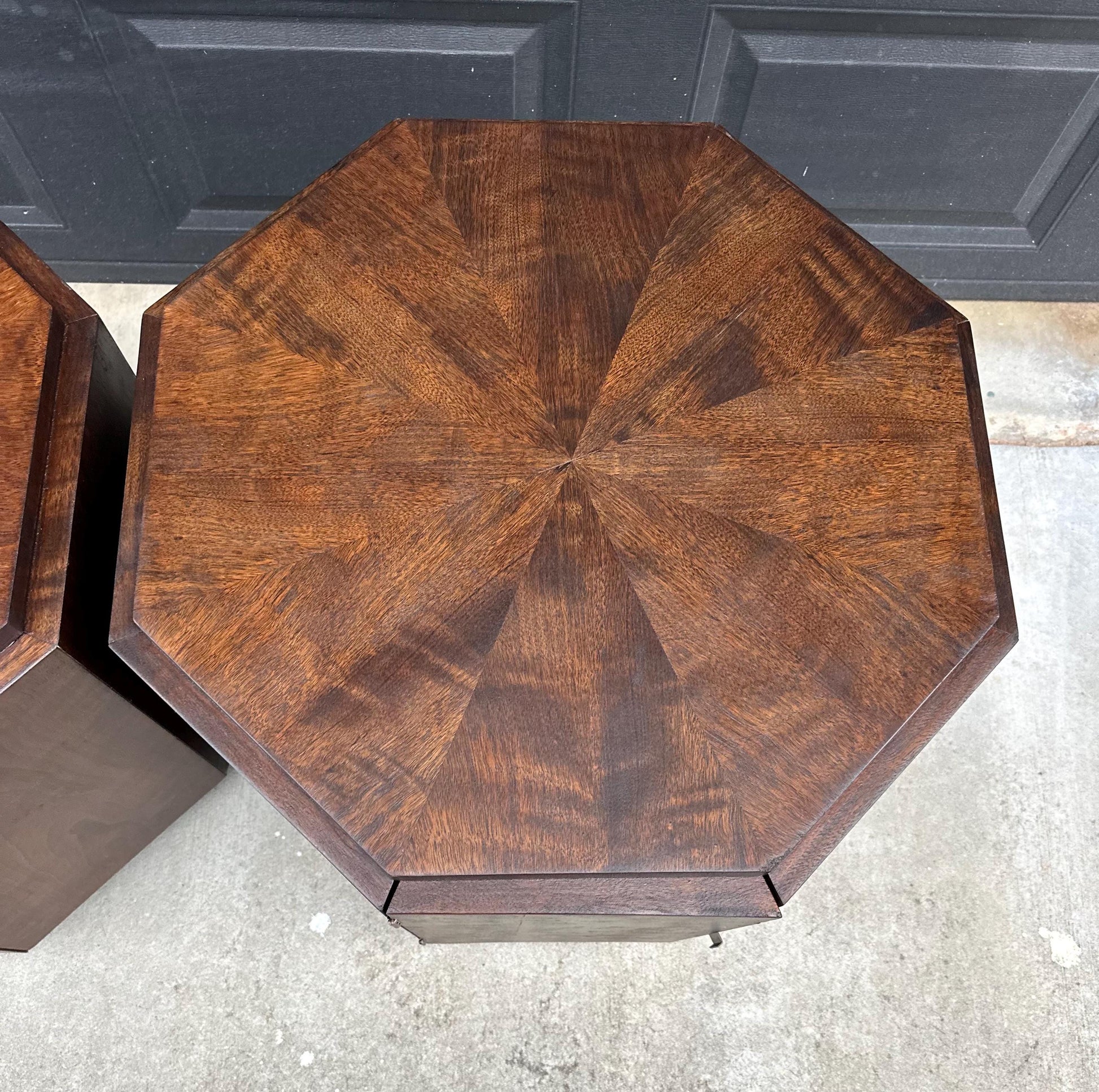 Vintage Mid 1900's Mid Mod Geometric Walnut Wood Side Tables – Pair of MCM Nightstands