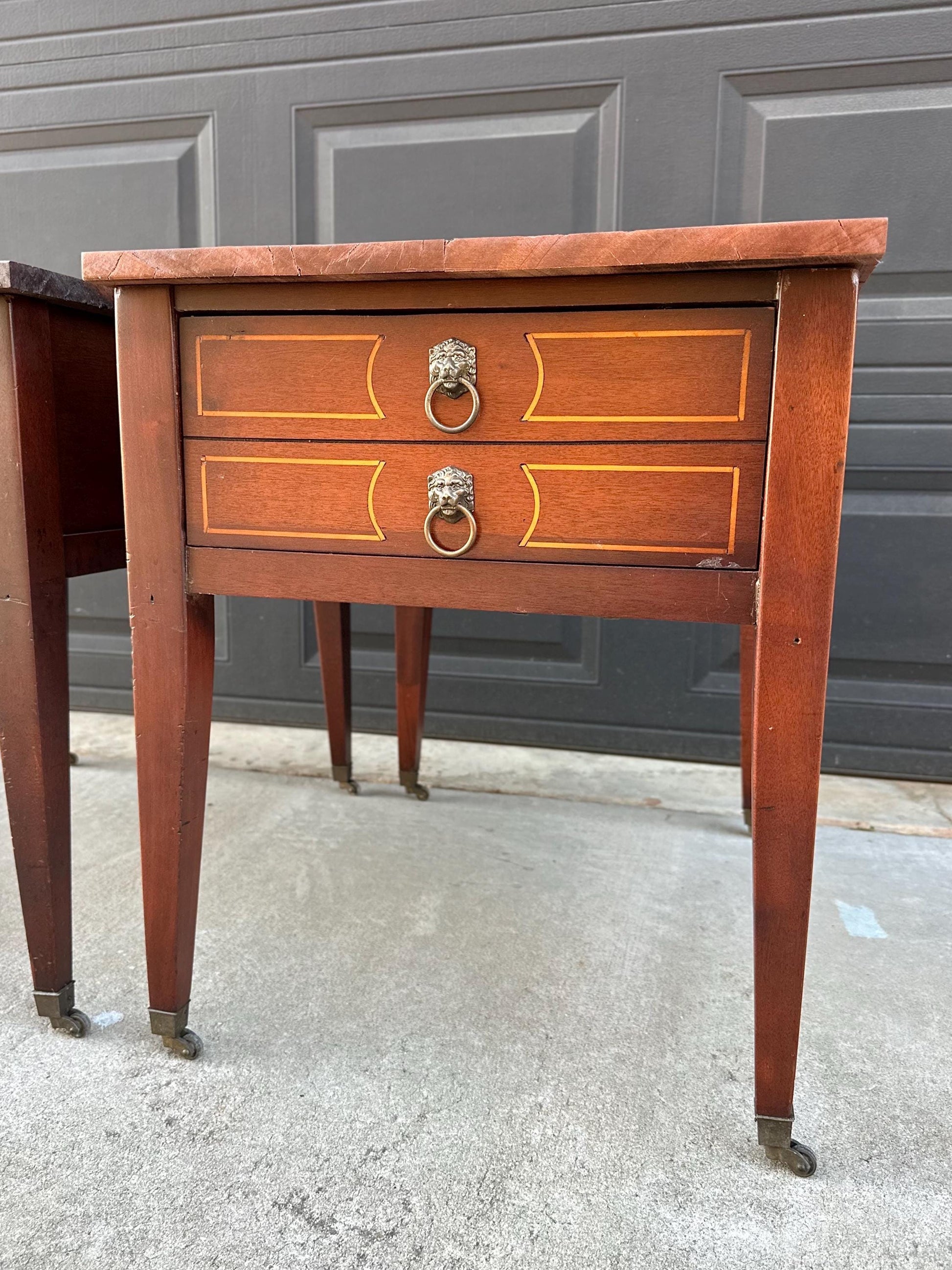 Antique Early 1900's Solid Mahogany Wood Banded Single Drawer Lion Head Tables on Casters - a Pair
