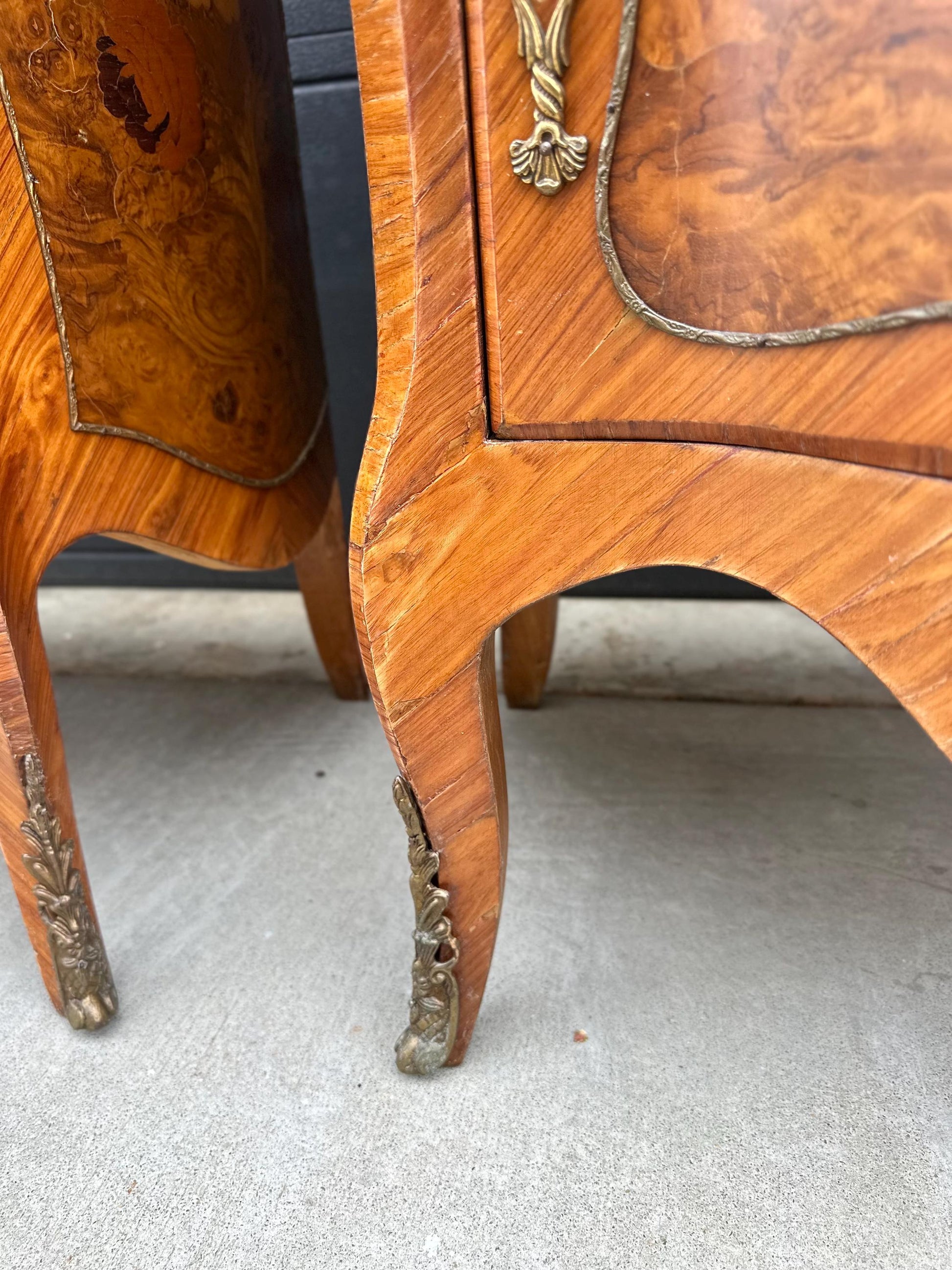 Antique Late 1800's Victorian Floral Burlwood Brass Accent Table Solid Oak Demi Lune Chests with Drawer - a Pair