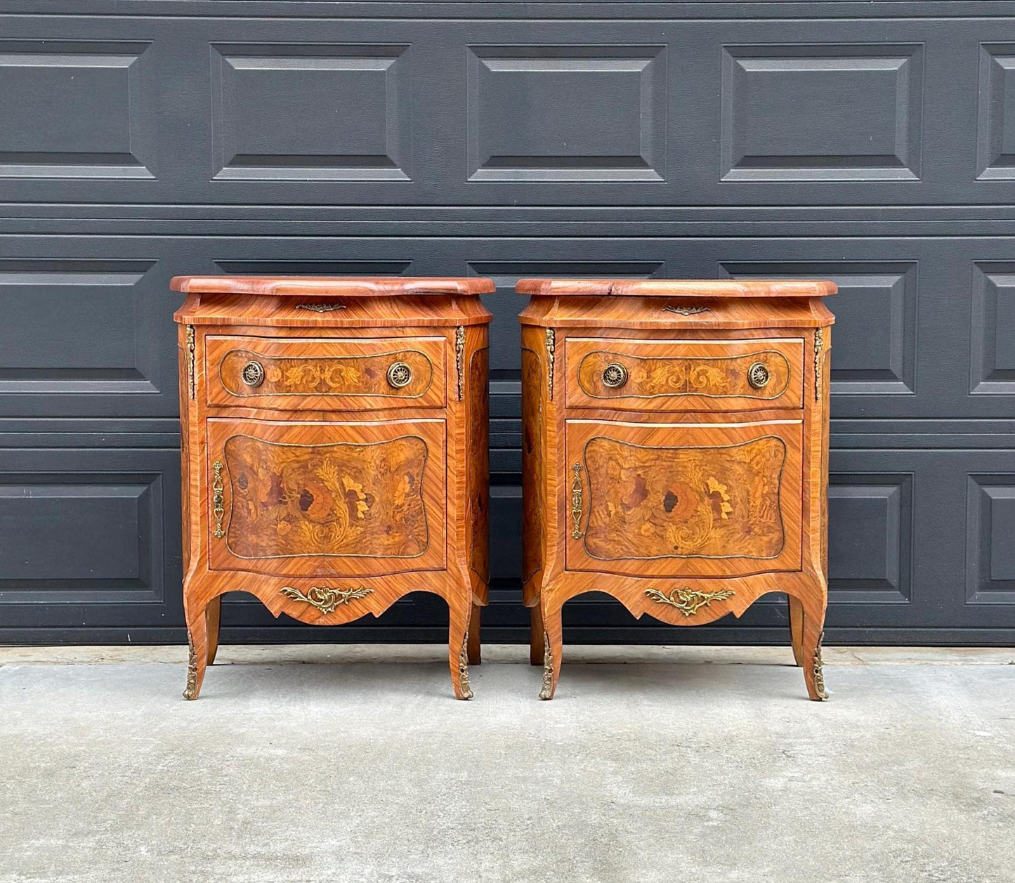 Antique Late 1800's Victorian Floral Burlwood Brass Accent Table Solid Oak Demi Lune Chests with Drawer - a Pair