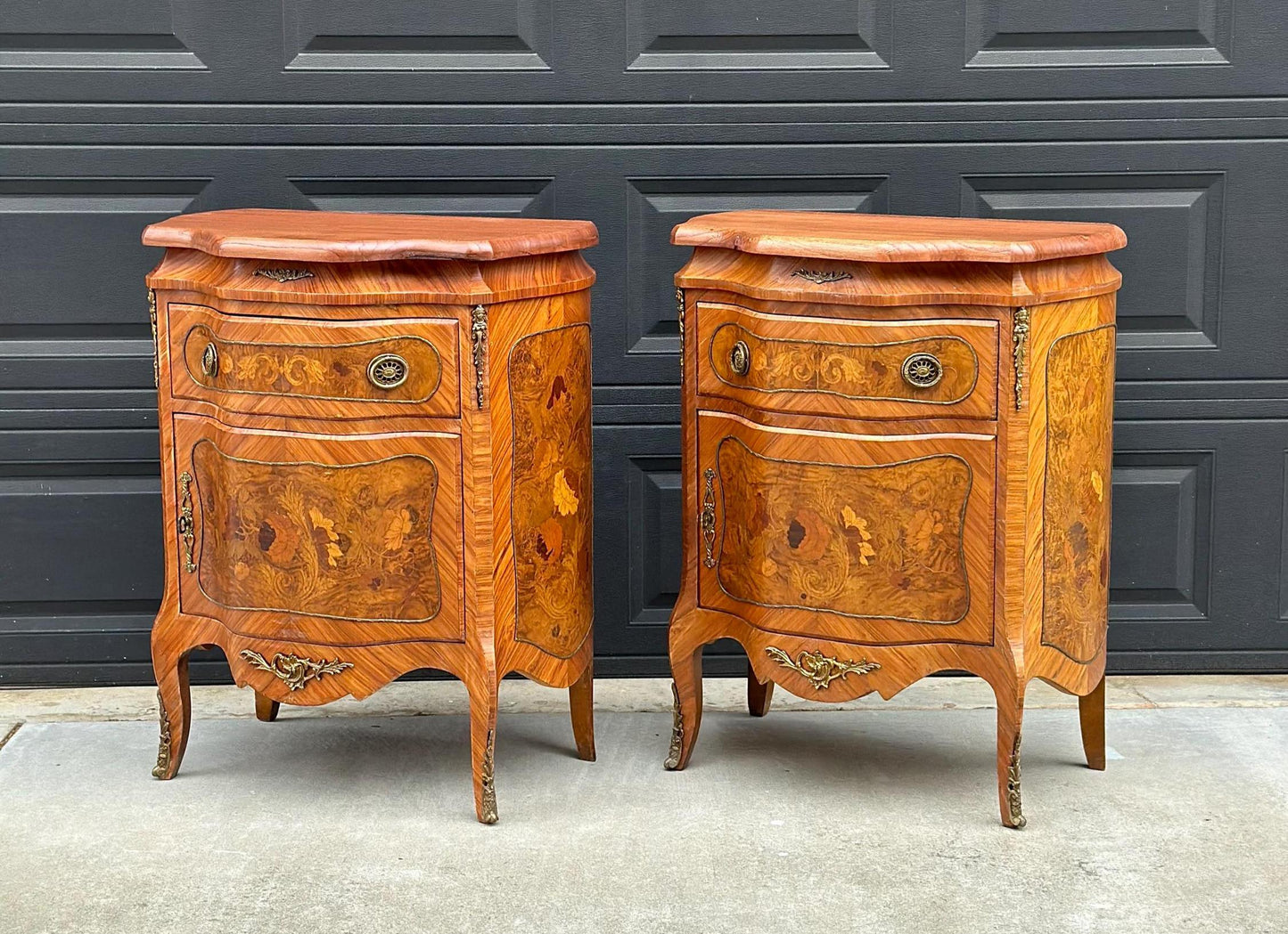 Antique Late 1800's Victorian Floral Burlwood Brass Accent Table Solid Oak Demi Lune Chests with Drawer - a Pair