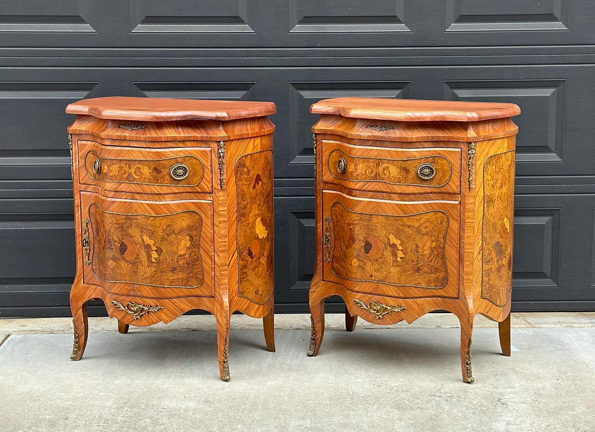 Antique Late 1800's Victorian Floral Burlwood Brass Accent Table Solid Oak Demi Lune Chests with Drawer - a Pair