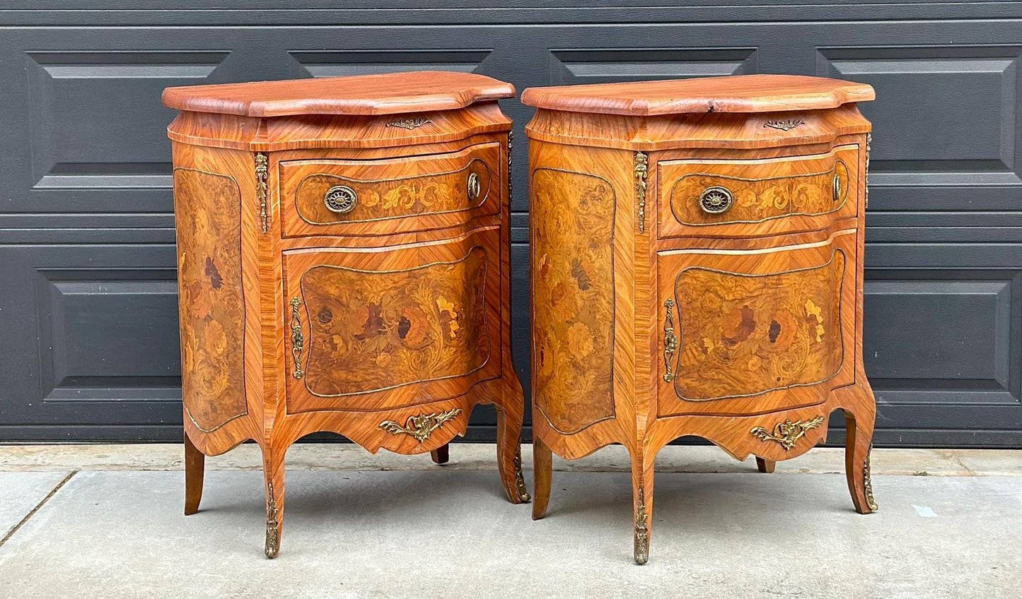 Antique Late 1800's Victorian Floral Burlwood Brass Accent Table Solid Oak Demi Lune Chests with Drawer - a Pair