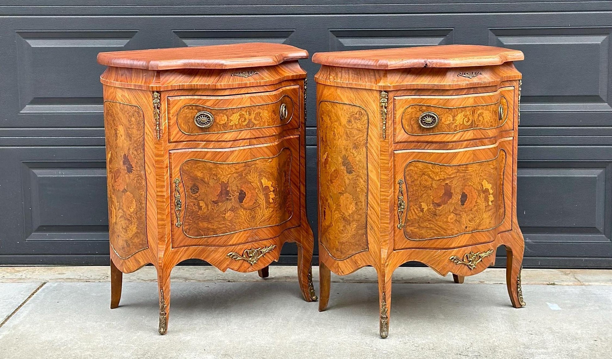 Antique Late 1800's Victorian Floral Burlwood Brass Accent Table Solid Oak Demi Lune Chests with Drawer - a Pair