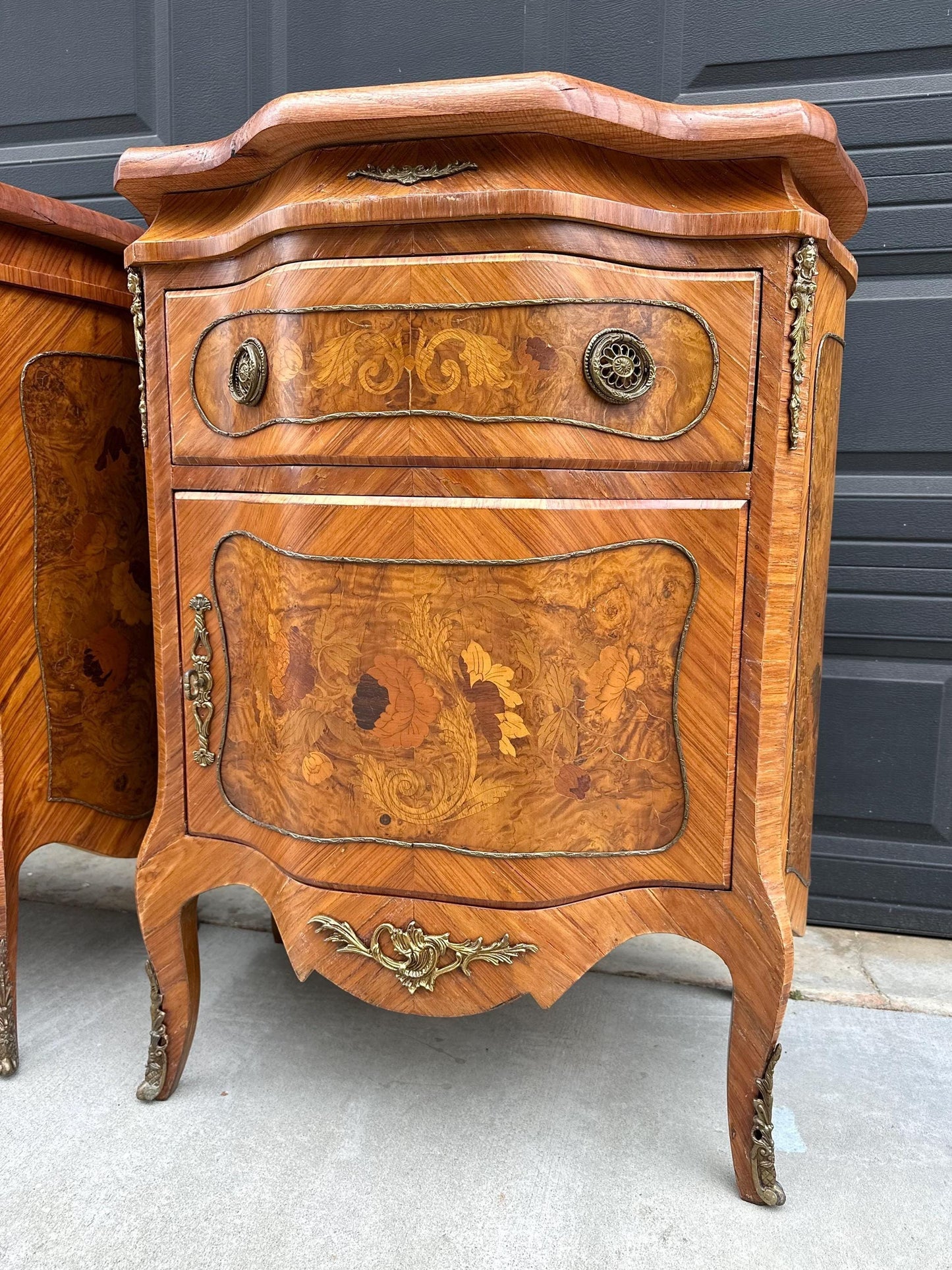 Antique Late 1800's Victorian Floral Burlwood Brass Accent Table Solid Oak Demi Lune Chests with Drawer - a Pair