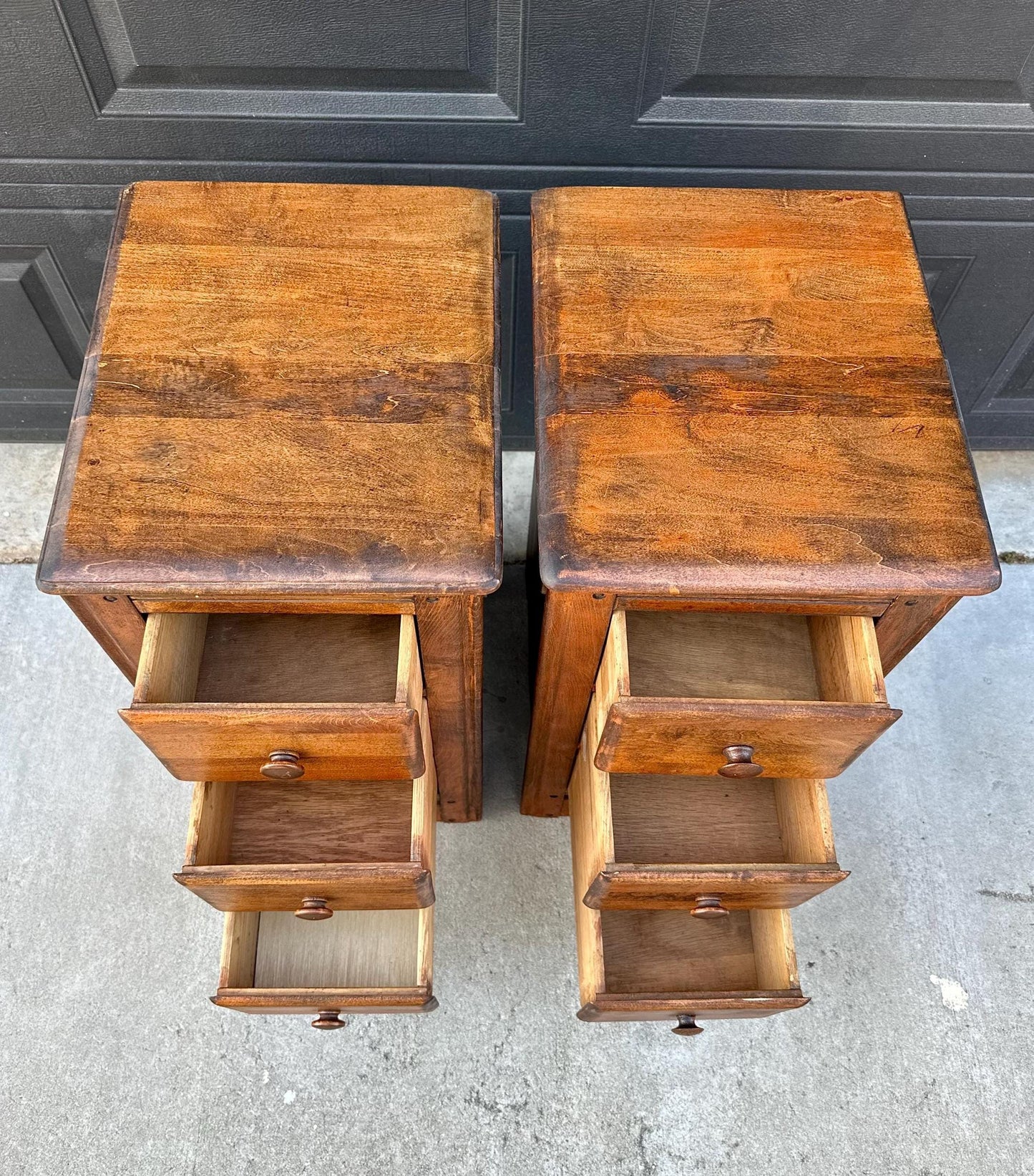ready Antique Early 1900's Solid Wood Drawer Stack Maple Bedside Tables - a Pair