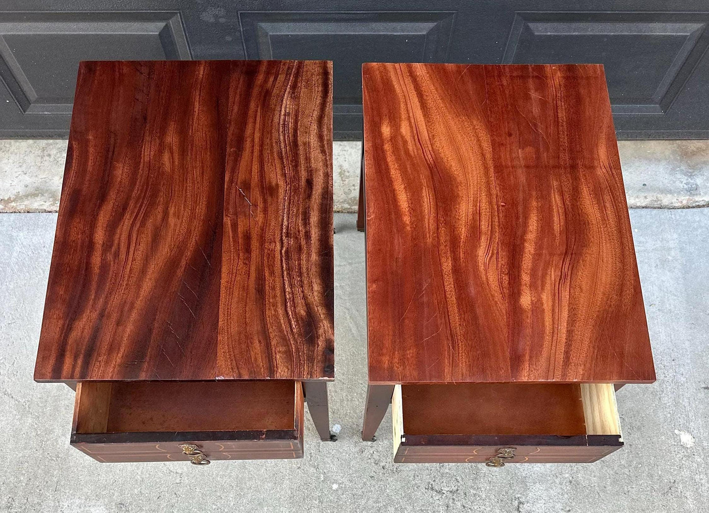 Antique Early 1900's Solid Mahogany Wood Banded Single Drawer Lion Head Tables on Casters - a Pair