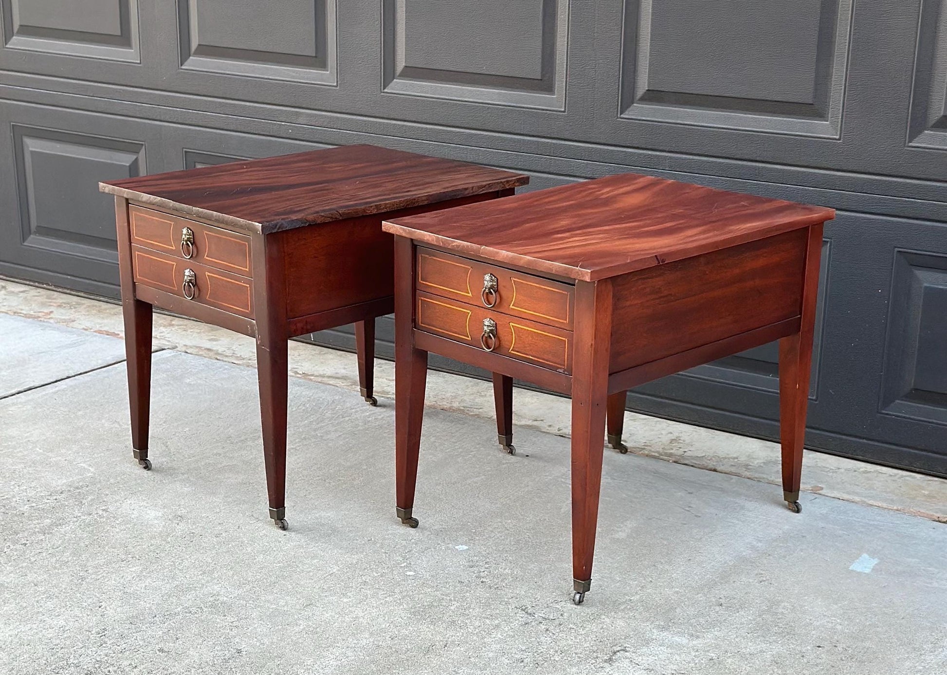 Antique Early 1900's Solid Mahogany Wood Banded Single Drawer Lion Head Tables on Casters - a Pair