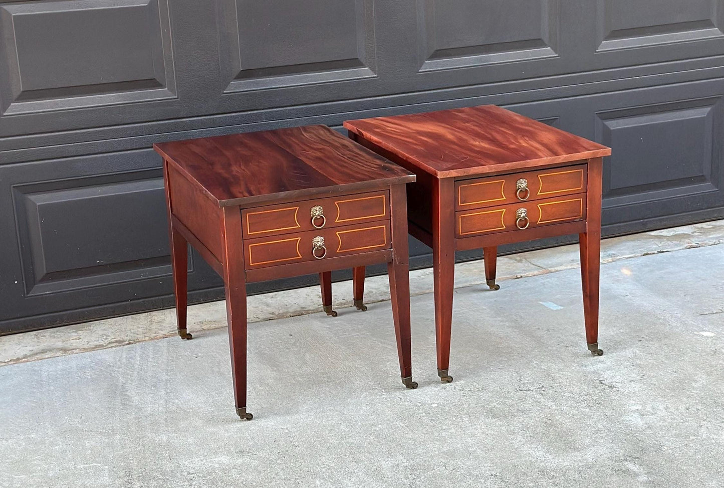 Antique Early 1900's Solid Mahogany Wood Banded Single Drawer Lion Head Tables on Casters - a Pair