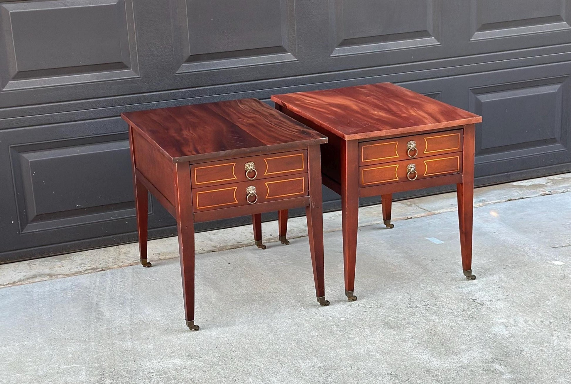 Antique Early 1900's Solid Mahogany Wood Banded Single Drawer Lion Head Tables on Casters - a Pair