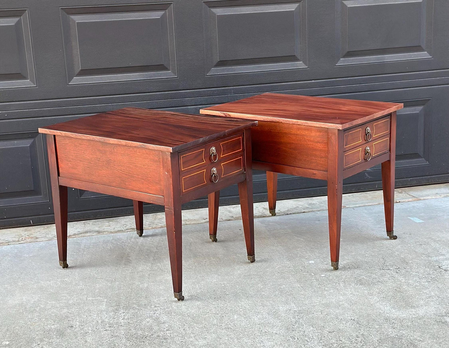 Antique Early 1900's Solid Mahogany Wood Banded Single Drawer Lion Head Tables on Casters - a Pair